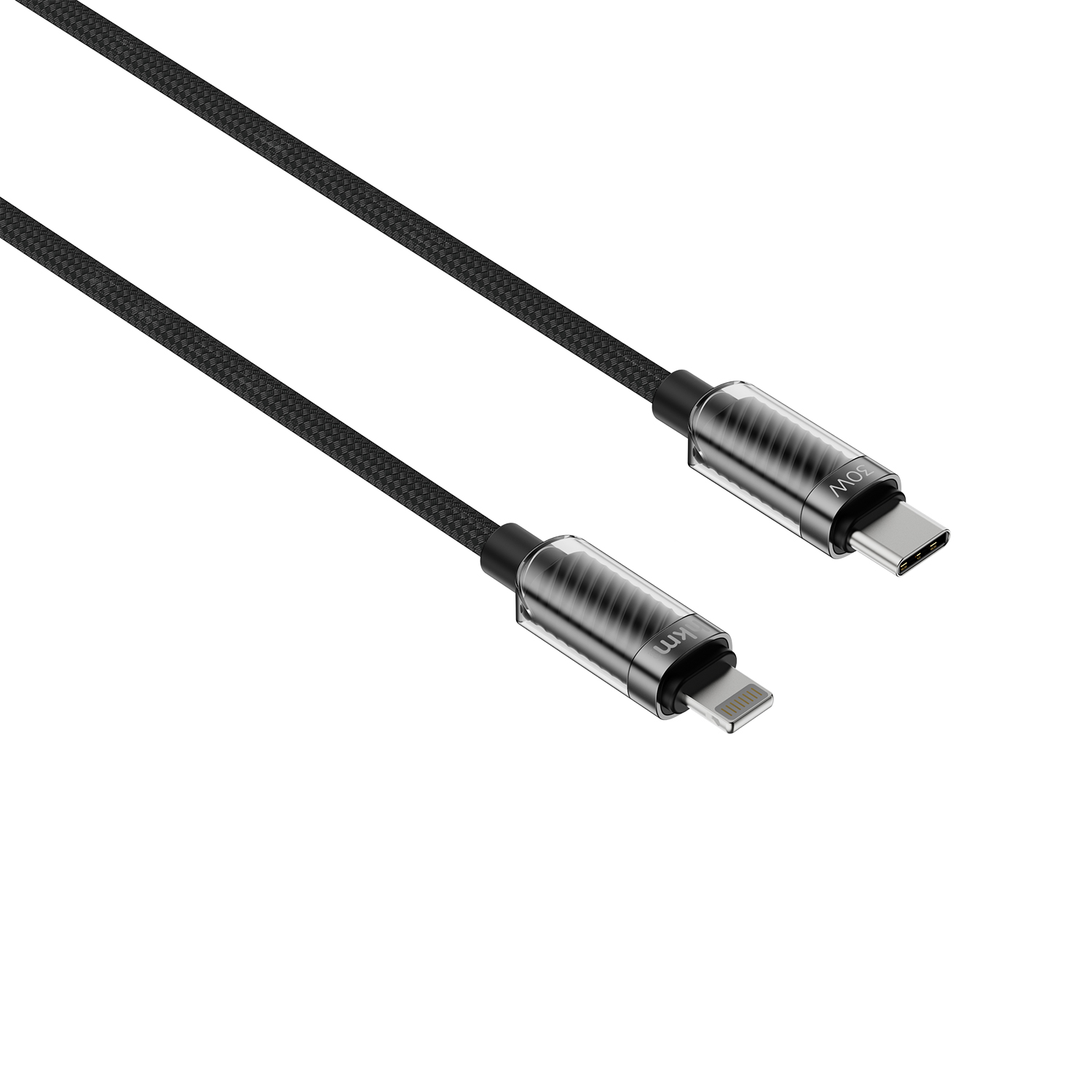 Beyaz zemin üzerinde Type-C ve Lightning konektörlü siyah bir USB kablosu.