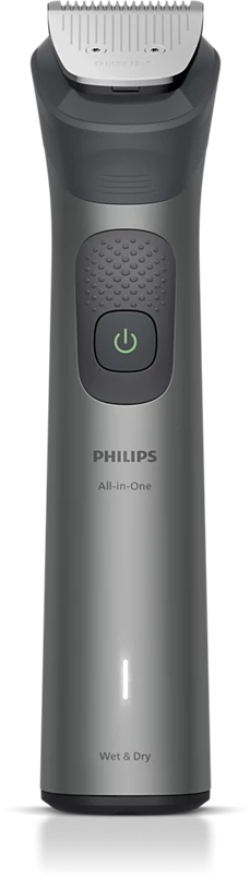 Gezeigt wird ein Philips All-in-One-Trimmer. Er hat ein metallisch graues Gehäuse mit einem Ein-/Ausschalter und einen Klingenkopf.