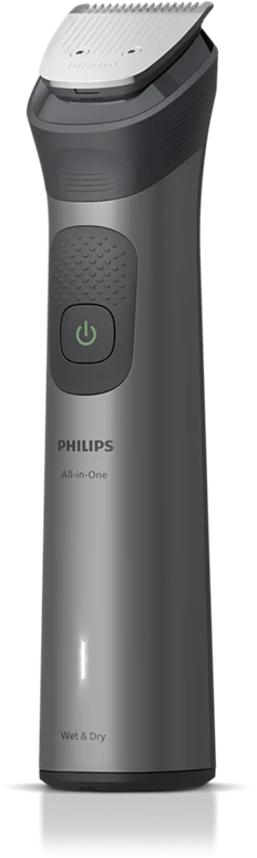 Ein grauer Philips All-in-One-Elektro-Trimmer. Merkmale sind eine silberne Klinge, ein Ein-/Aus-Knopf und Text für Nass- und Trockengebrauch.