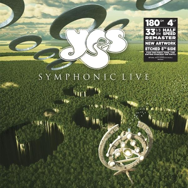 Albumcover: Yes Symphonic Live. Schwebende Ringe über einem Wald mit komplexer Struktur. Albumdetails in der rechten Ecke.