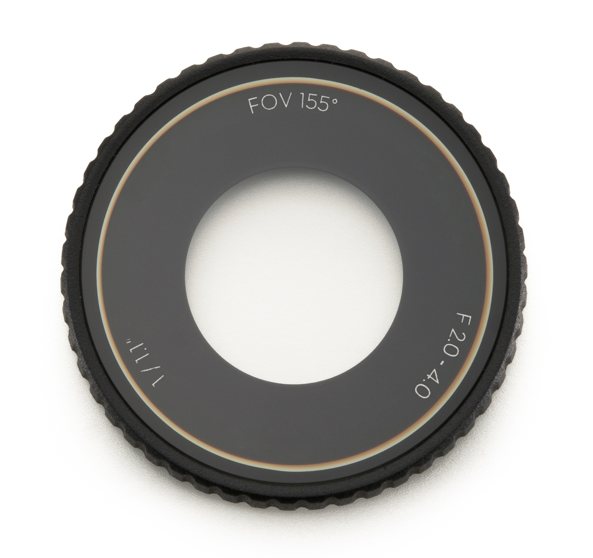 Okrągły czarny filtr obiektywu z tekstem: FOV 155°, F2.0-4.0 i 1/1.7". Tło jest białe.