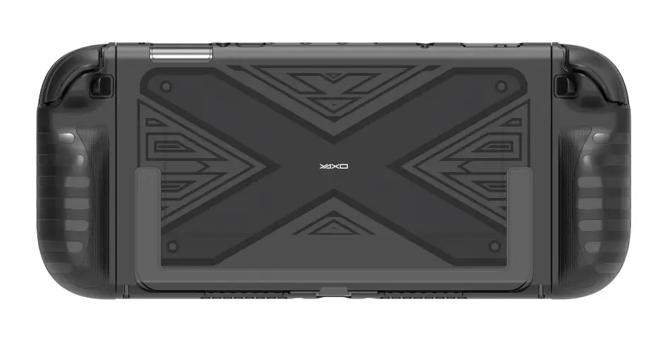 Czarny futerał na konsolę Switch z wzorem X na plecach. Ma uchwyty po obu stronach i podstawkę na dole.