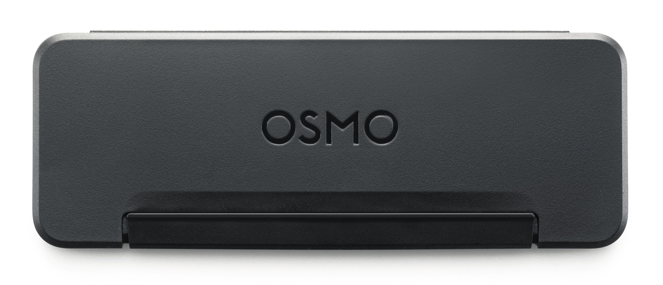 Czarny prostokątny gadżet z wytłoczonym napisem OSMO, na białym tle.