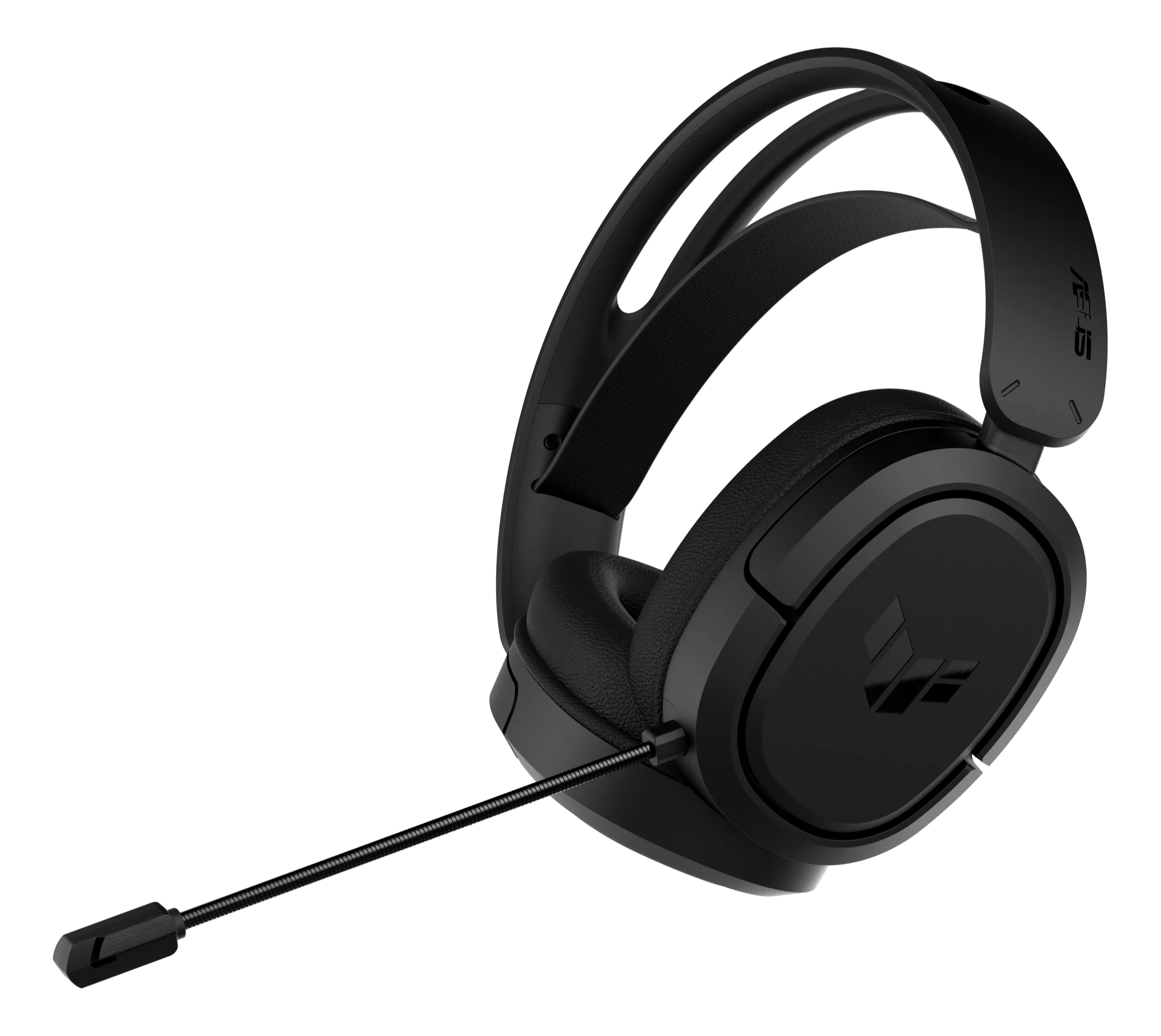 Cuffie da gioco nere su sfondo nero. Presentano un microfono e il logo ASUS. Le cuffie sono inclinate verso sinistra.