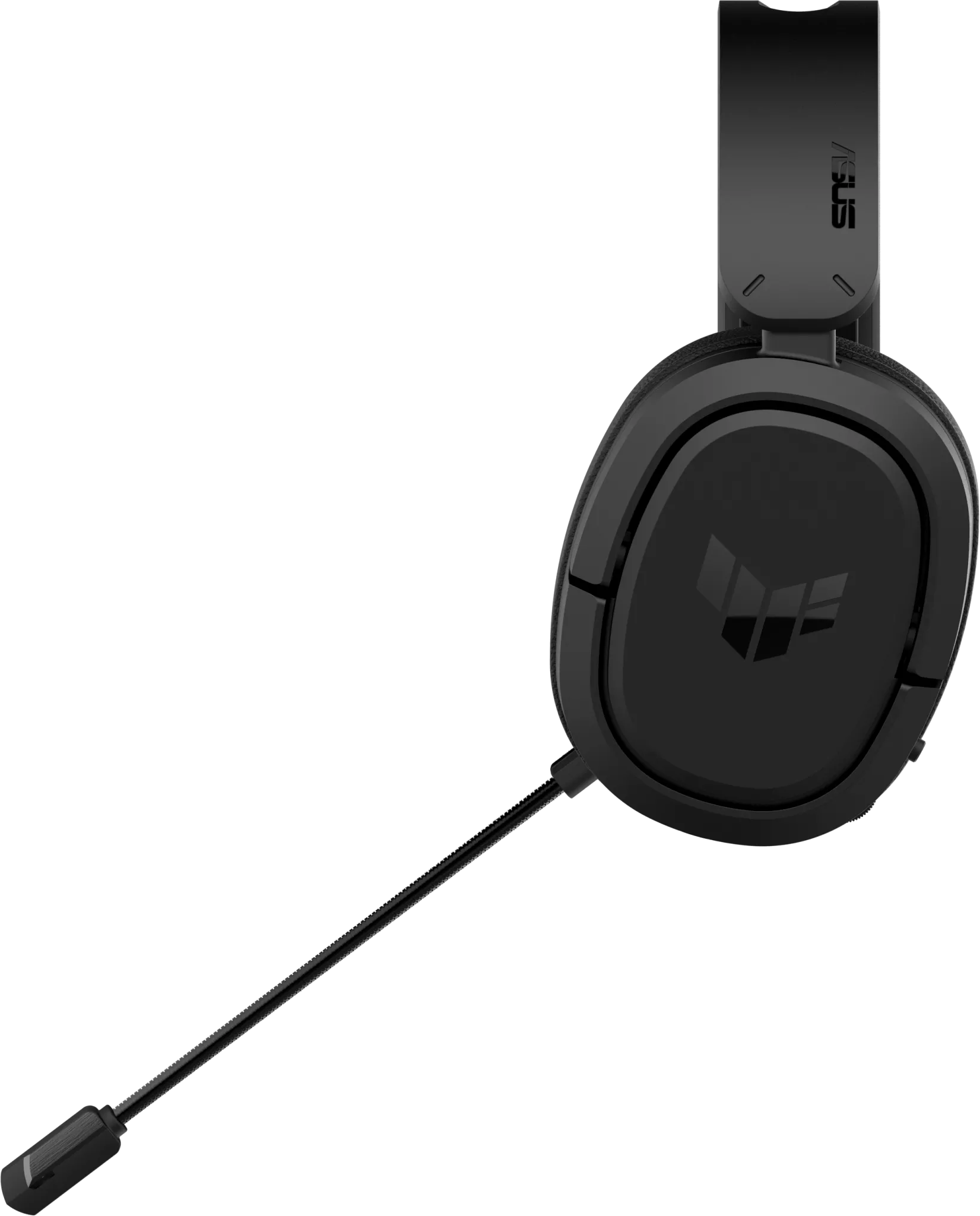 Cuffie da gioco nere con microfono. Le cuffie hanno un logo Asus. Lo sfondo è nero.
