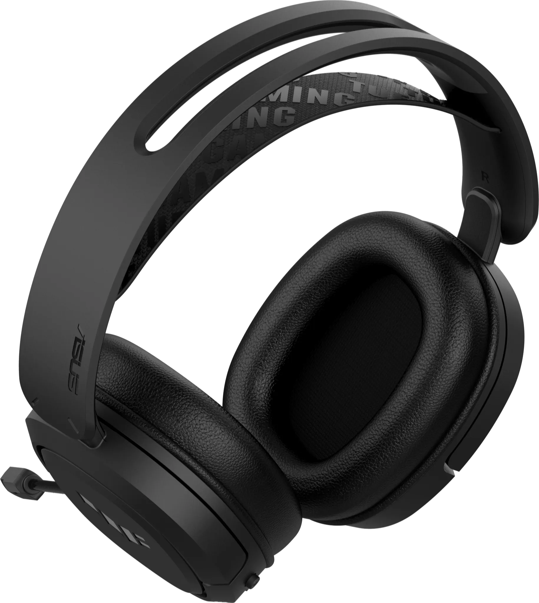 Cuffie da gaming nere su sfondo nero. Hanno un microfono e il marchio 'ASUS'.