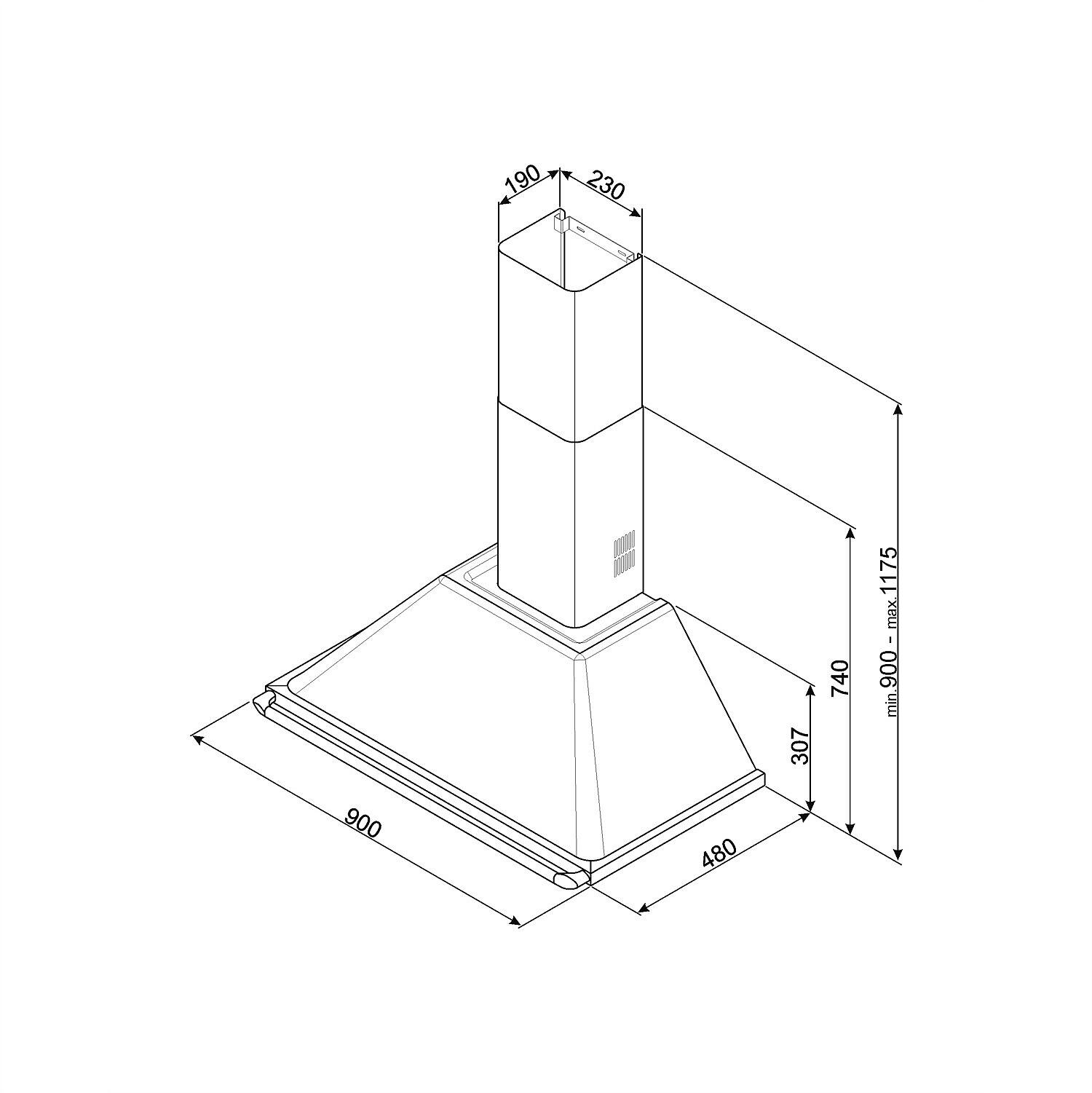 Diagramm einer Dunstabzugshaube. Abmessungen: 900x480x307mm für die Basis, 190x230mm für die Oberseite, und Höhe 900-1175mm.