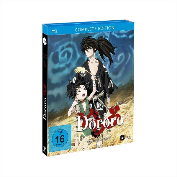 Blu-ray-Box-Art für Dororo Complete Edition. Zeigt zwei Anime-Charaktere mit langen Haaren, in einem Feld mit dem Titel Dororo.