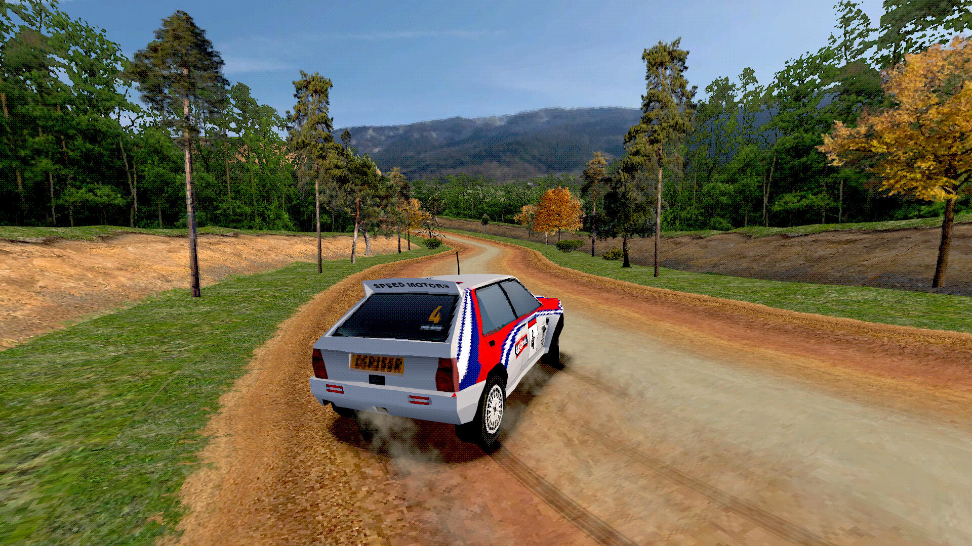 Ein Rallyeauto fährt eine unbefestigte Straße durch einen Wald hinunter. Das Auto ist weiß, rot und blau. Bäume säumen die Straße.