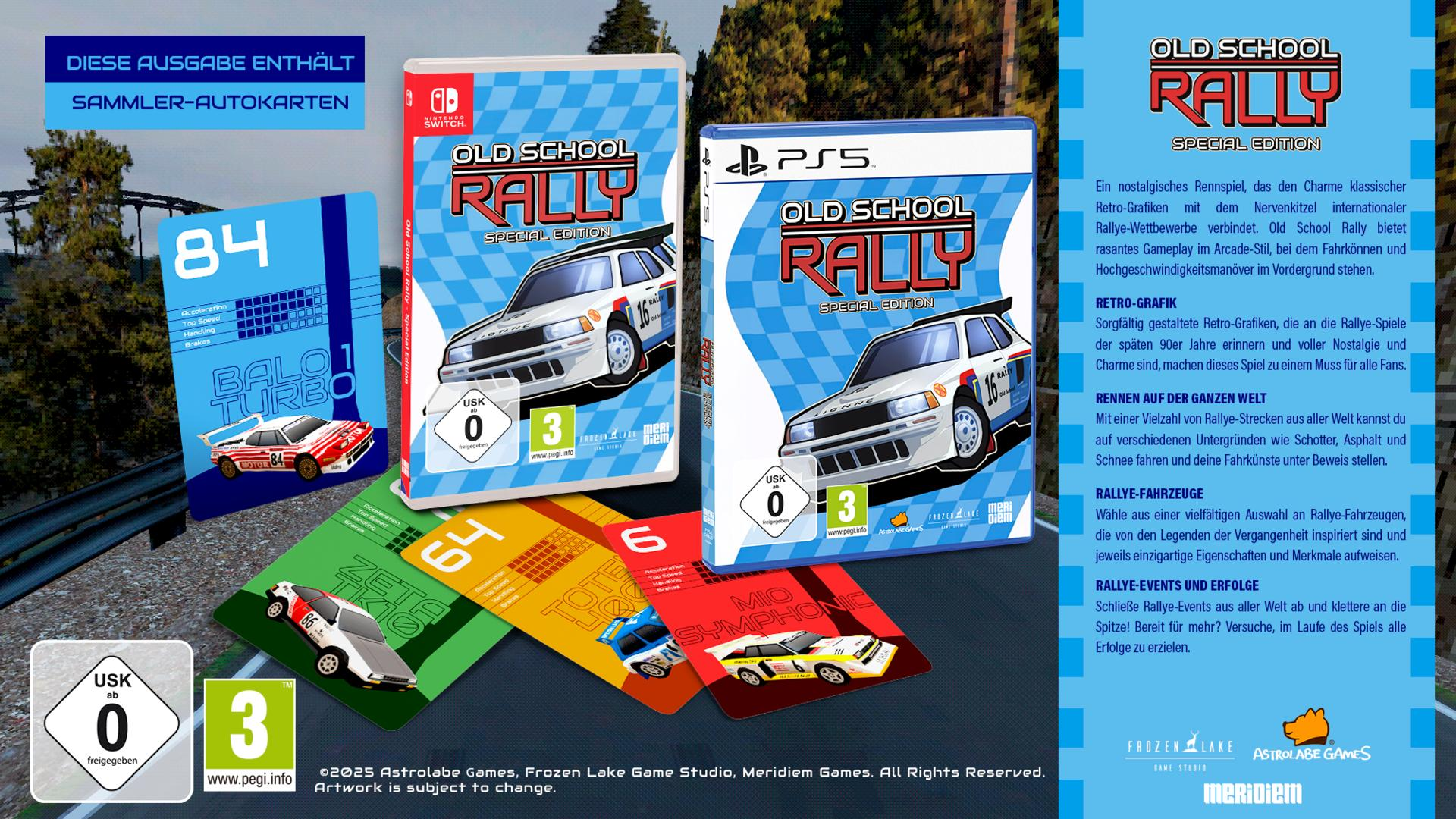Spielboxen für 'Old School Rally' und Sammelkarten werden gezeigt. Das Spiel ist ab 3 Jahren und hat Autografiken.