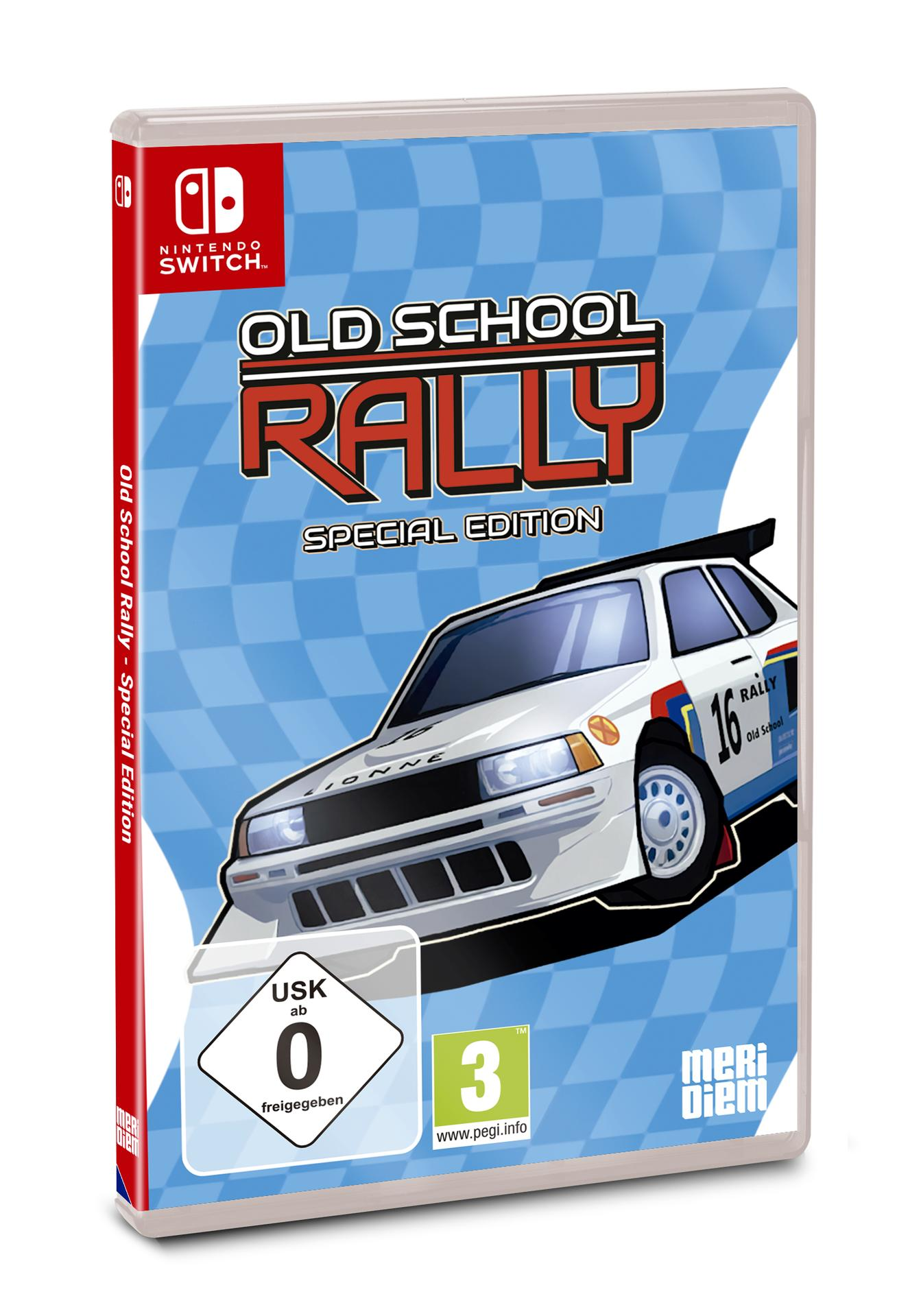 Nintendo Switch Spielhülle für Old School Rally. Mit Rallyeauto-Illustration und Spieldetails mit Bewertungssymbolen.