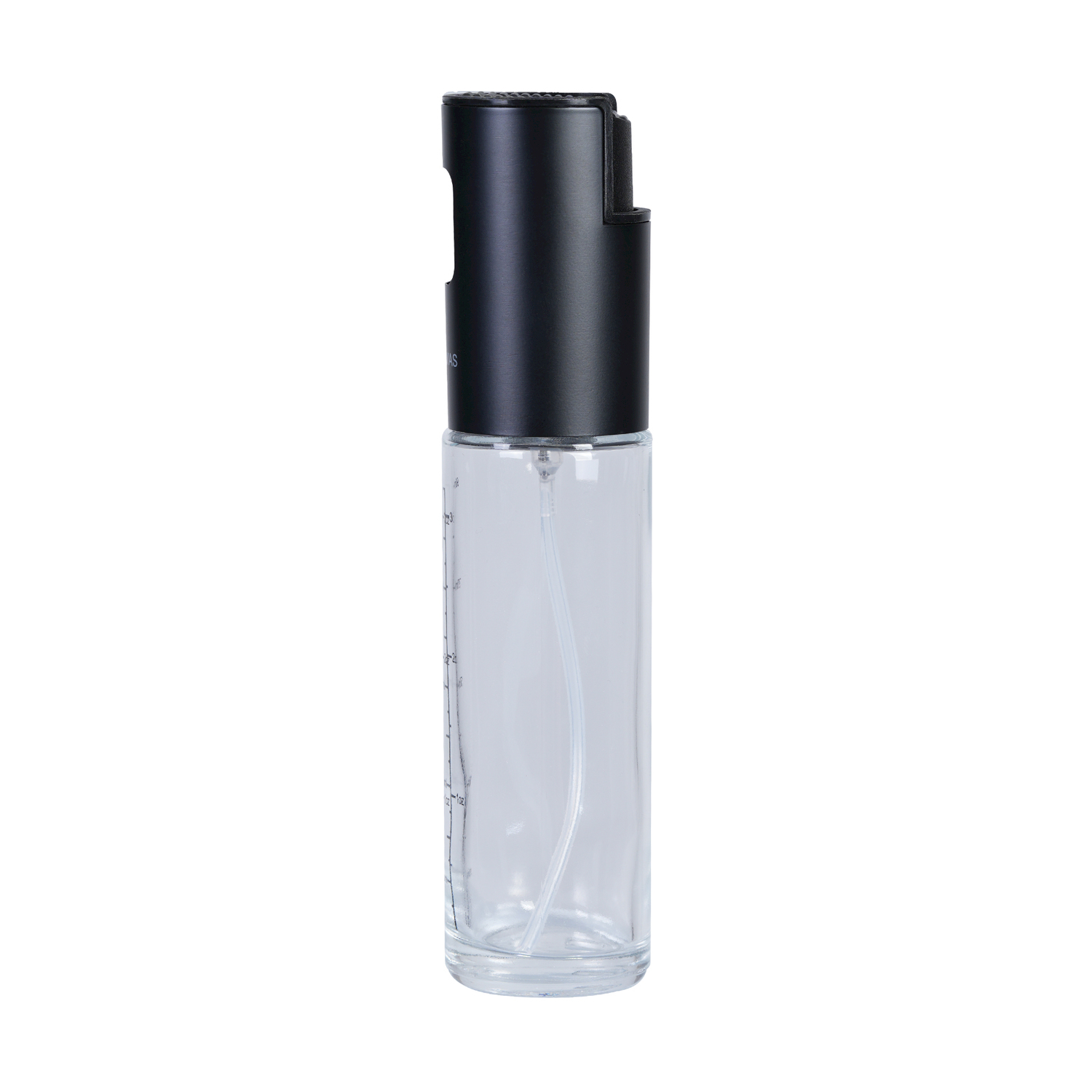 Un flacone spray di vetro trasparente con tappo nero. La bottiglia è su sfondo bianco. La bottiglia ha delle misure sul lato.