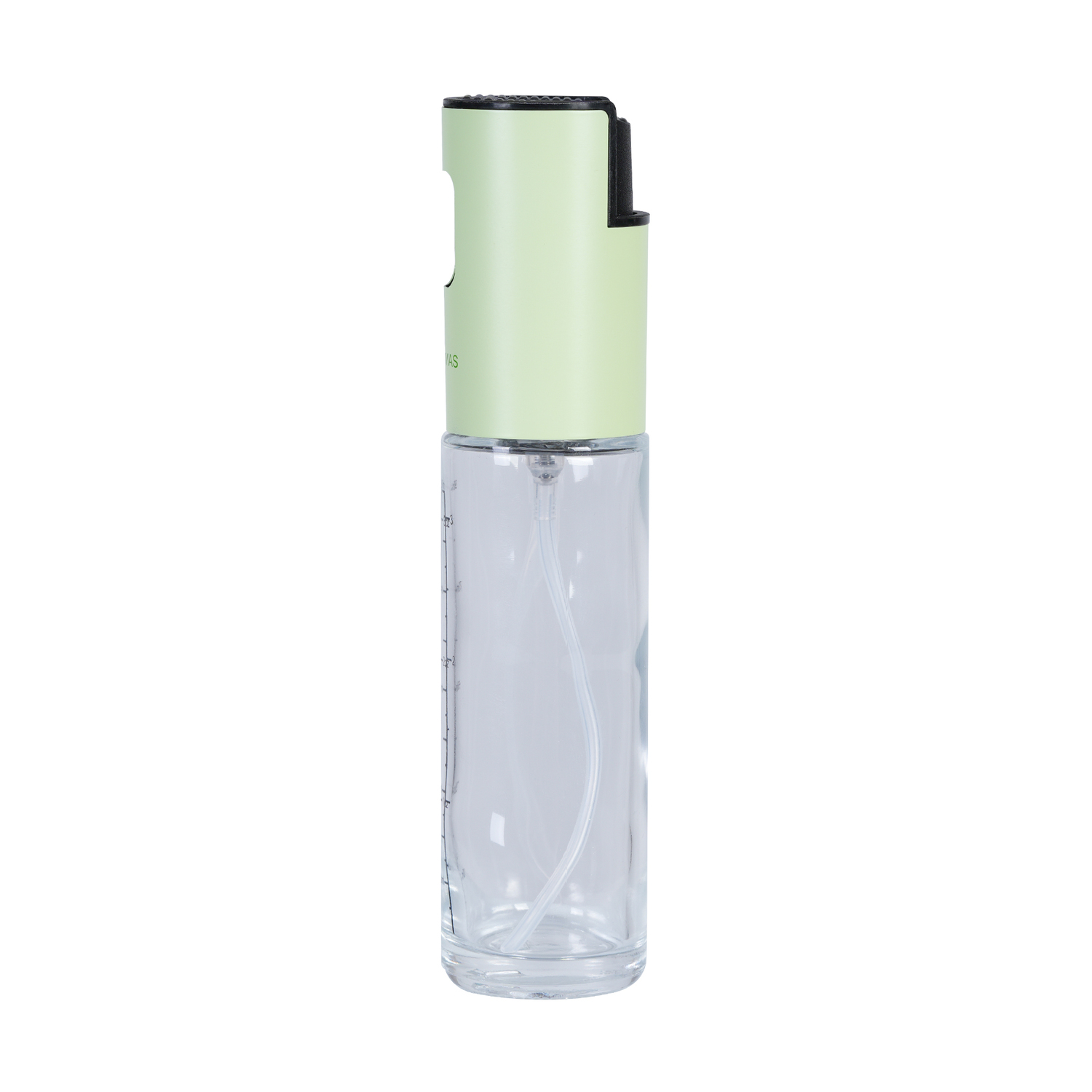 Un flacone spray di vetro trasparente con la parte superiore verde chiaro e l'ugello nero, su sfondo bianco.