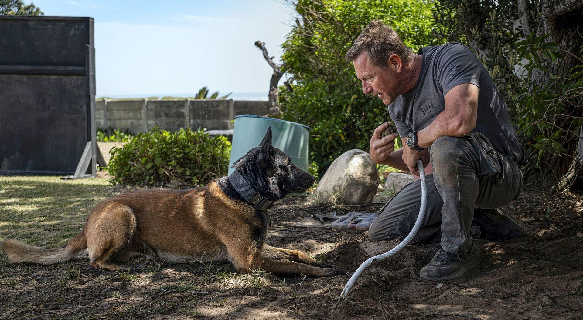 Ein Mann kniet und interagiert mit einem Hund. Der Hund ist braun und schwarz. Der Mann hält einen weißen Schlauch.