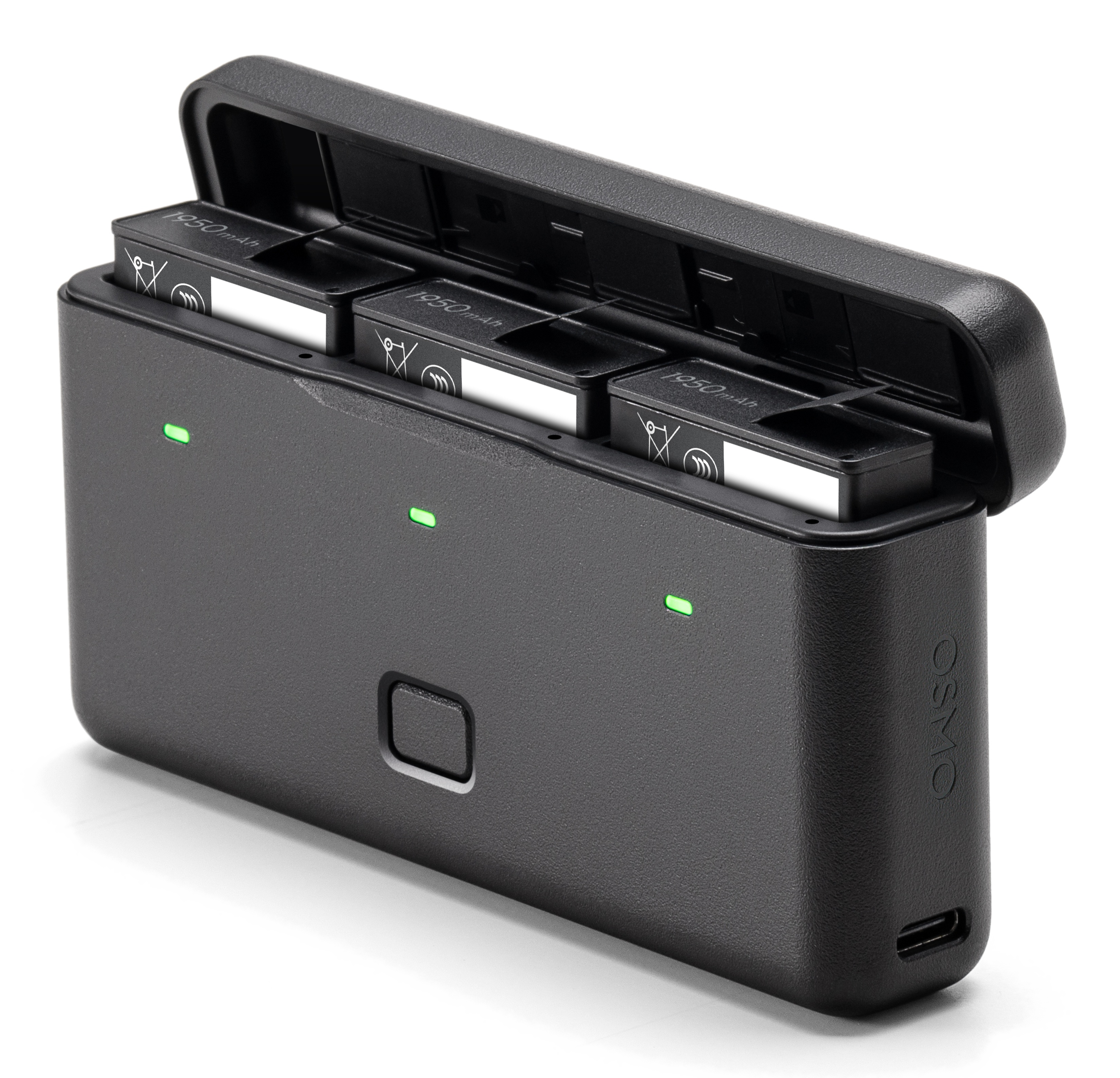 Czarna ładowarka z trzema bateriami w środku. Każda bateria ma 1950mAh. Ładowarka ma zielone światło i otwartą pokrywę.