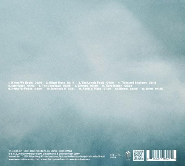 Albumcover mit Titelliste und Unternehmensdetails auf hellblauem Farbverlauf.