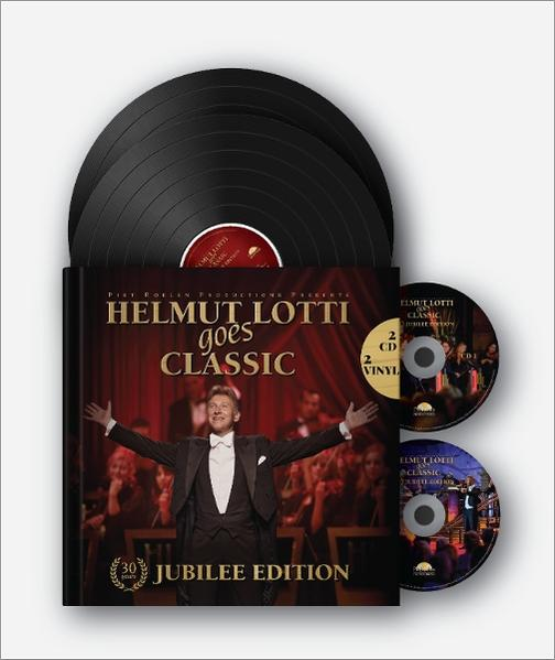 Albumcover: Helmut Lotti. Schwarze Schallplatten, CDs und ein Buch mit dem Titel 'Helmut Lotti goes Classic' sind sichtbar.