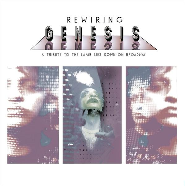 Albumcover mit dem Titel "Rewiring Genesis 12" und Porträts von Gesichtern in Lila und Weiß, eine Hommage an The Lamb Lies Down on Broadway.