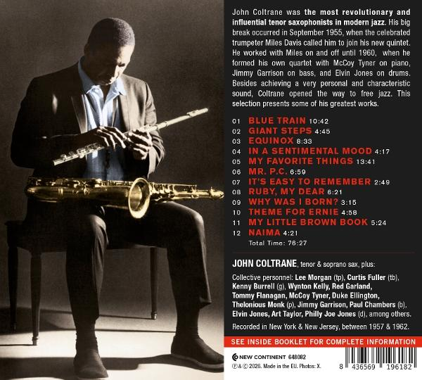 John Coltrane sitzt mit Saxophon und Flöte. Text rechts listet Albumdetails und Titelliste.