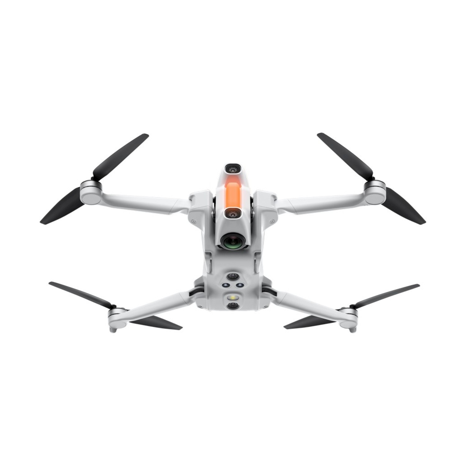 Un drone bianco con quattro eliche nere, una fotocamera e una barra luminosa arancione, su sfondo bianco.