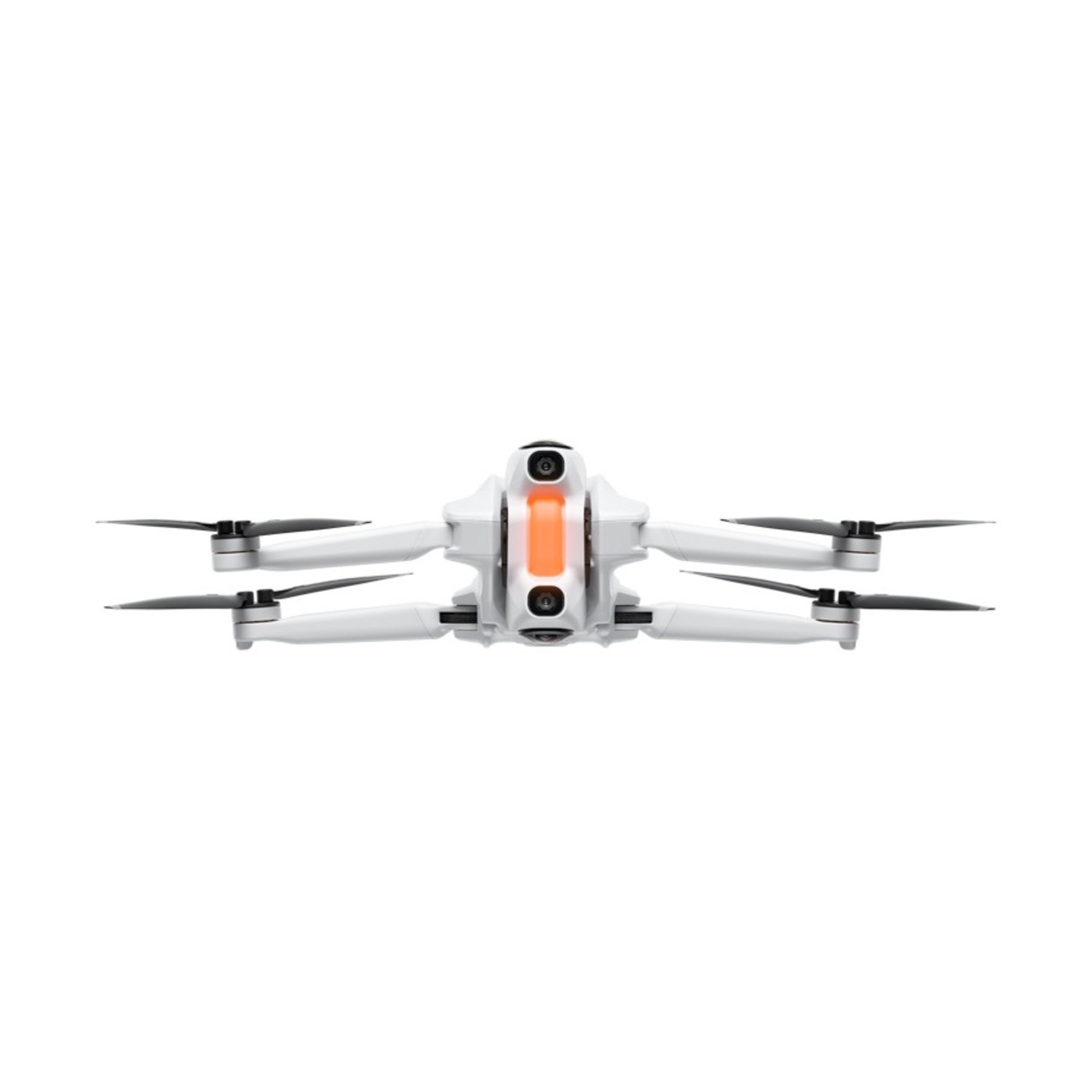 Un drone bianco con quattro eliche nere, una sezione arancione e telecamere nere. Isolato su sfondo bianco.