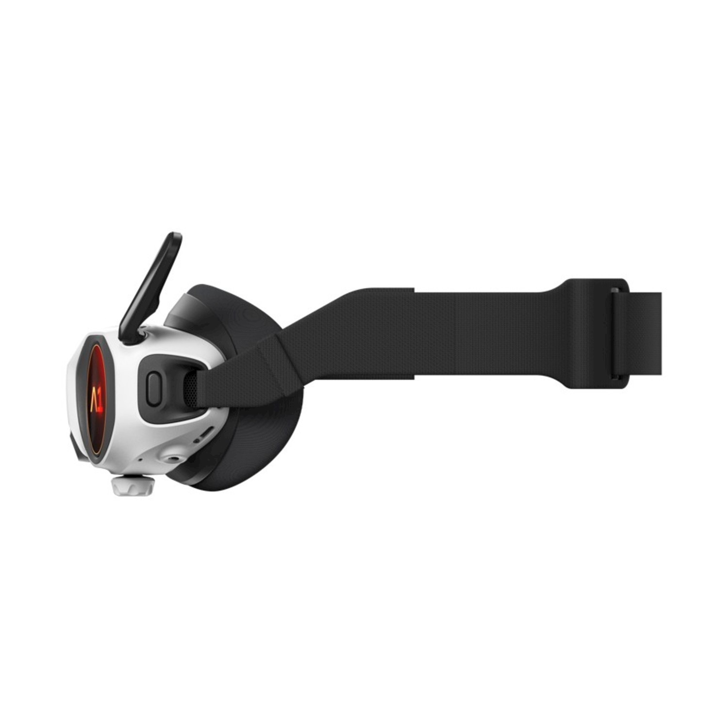 Un visore VR bianco e nero con cinturino nero. Il visore ha una parte anteriore rossa e bianca con un'antenna nera.