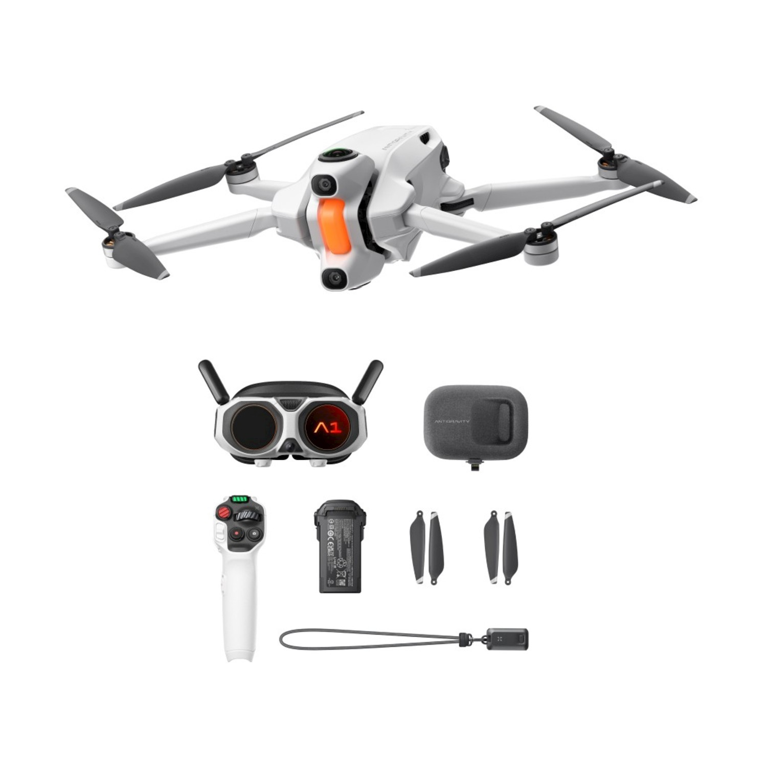 Un drone bianco con eliche nere e accessori: occhiali, telecomando, batterie e pale extra.