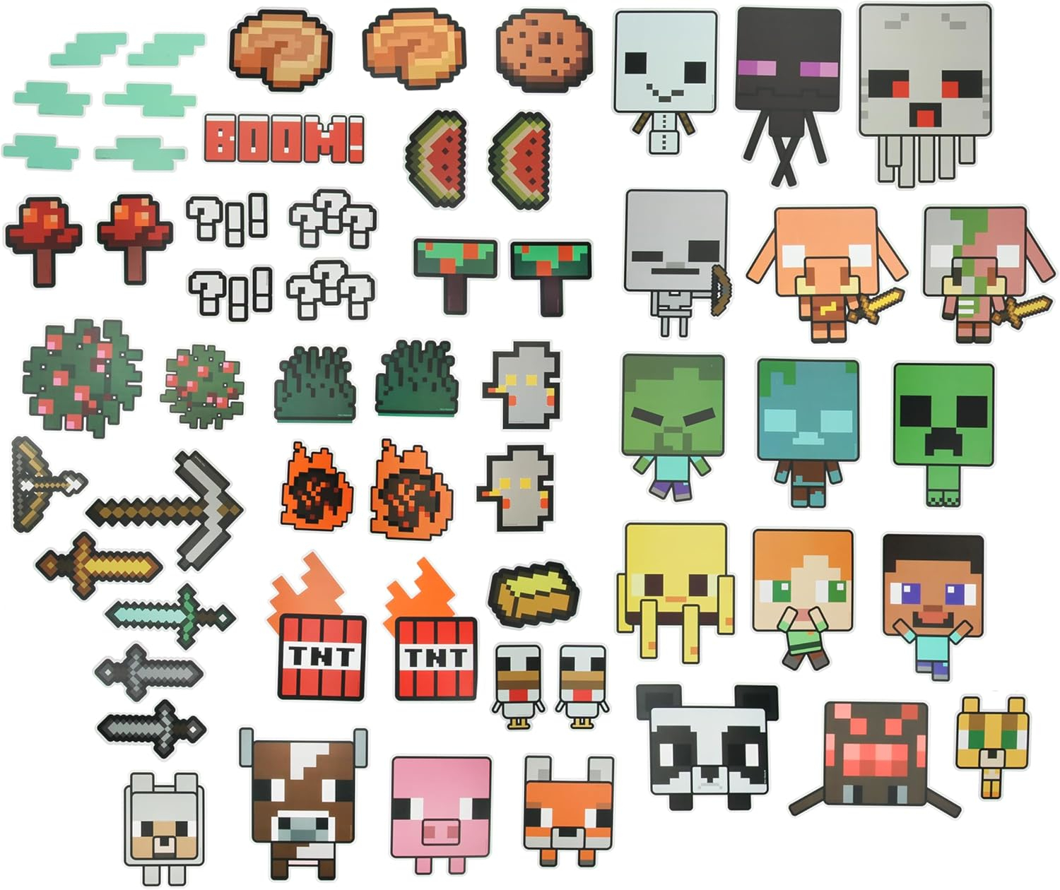 Minecraft témájú matricák gyűjteménye karakterekkel, tárgyakkal és szöveggel. Tartalmaz blokkokat, mobokat és eszközöket.