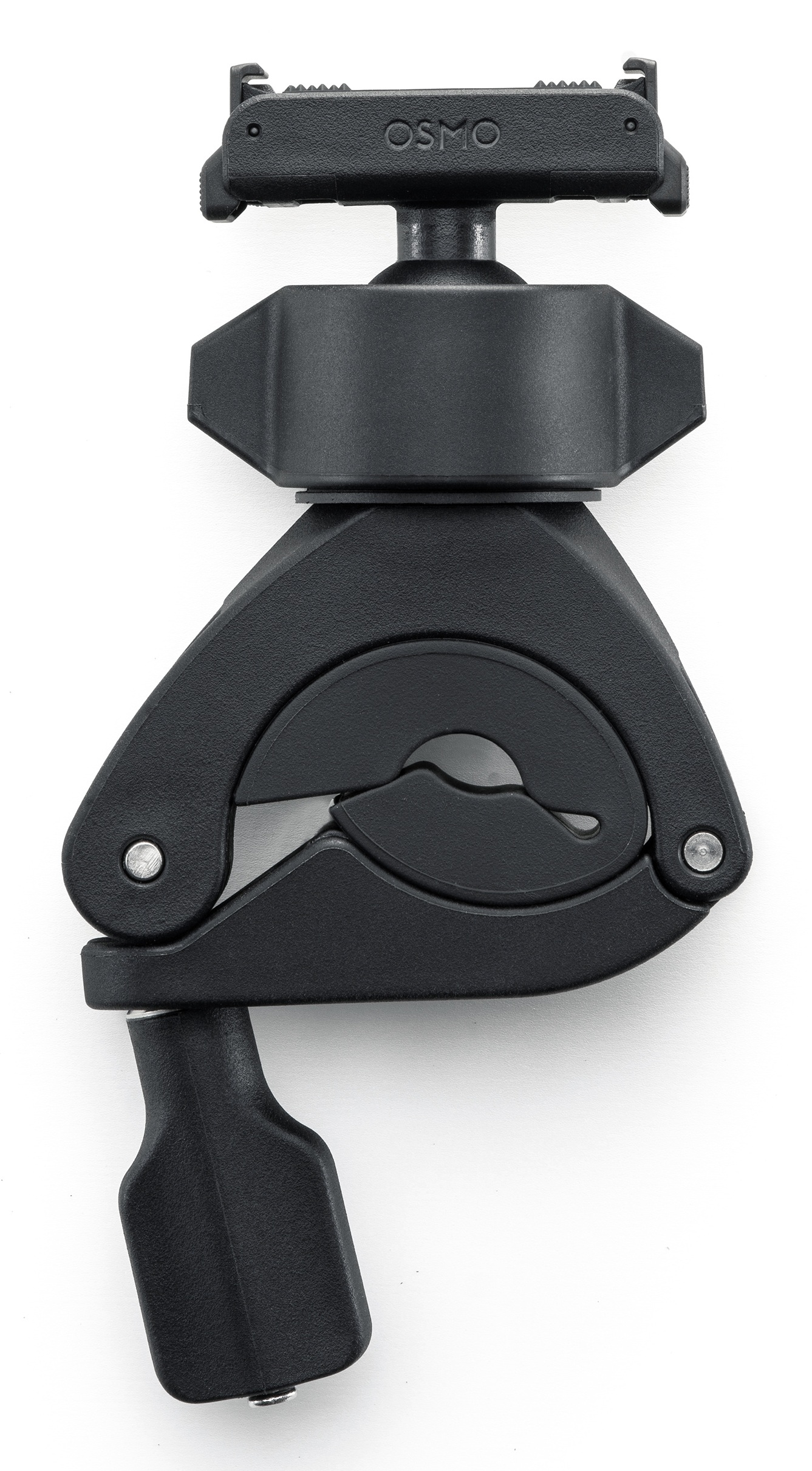 Czarny uchwyt do kamery Osmo na białym tle. Posiada zacisk i regulowane przeguby, idealne do mocowania kamery.