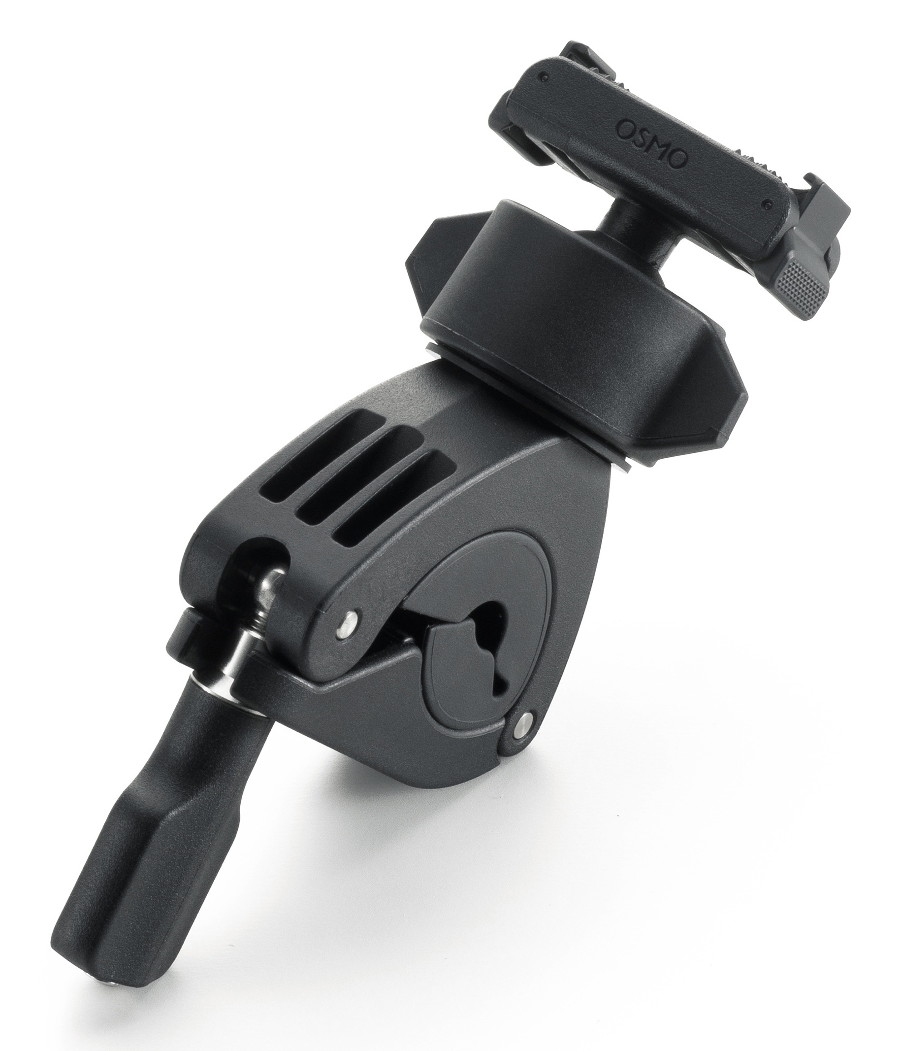 Czarny uchwyt do kamery Osmo na białym tle. Ma zacisk, przegub i uchwyt. Marka jest widoczna na górze.