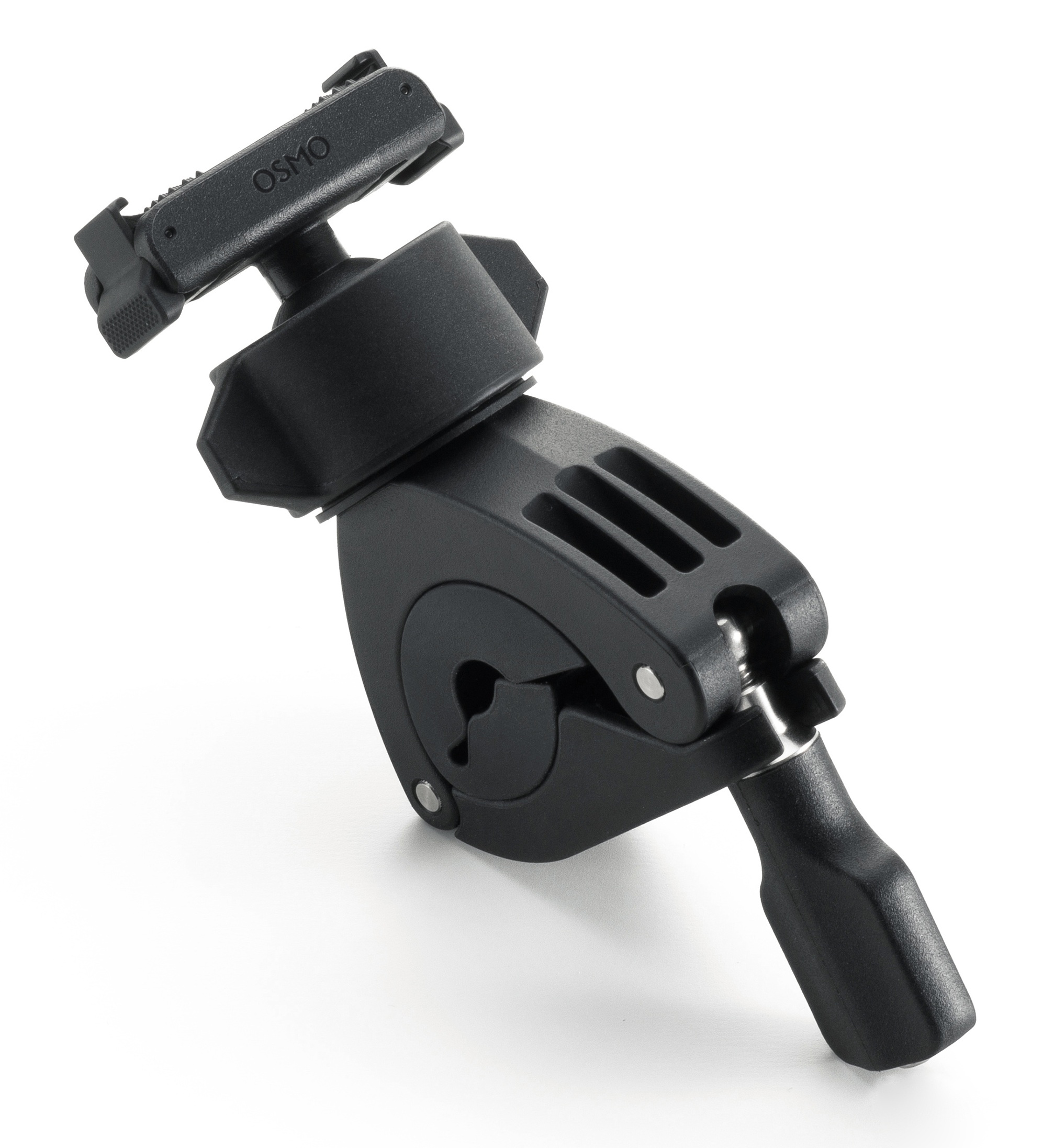 Czarny uchwyt do kamery Osmo na białym tle. Zawiera zacisk, przegub kulowy i uchwyt. Widok pod kątem.
