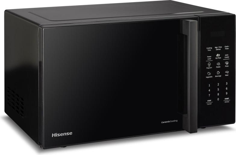 Egy fekete Hisense mikrohullámú sütő. Digitális kijelzővel és főzési opciók gombjaival rendelkezik. Az ajtón fogantyú van.