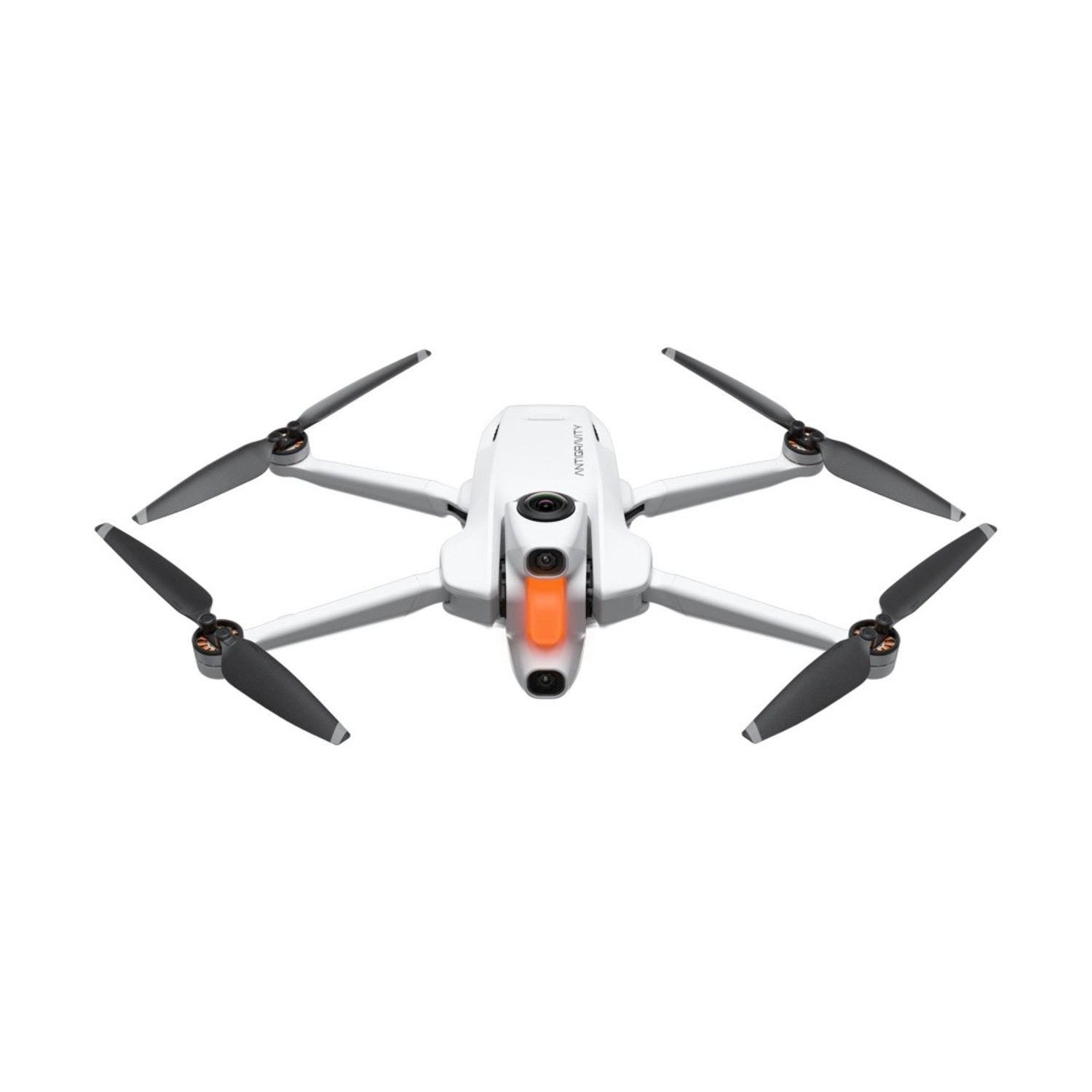 Un drone bianco con quattro eliche nere, una luce anteriore arancione e la scritta 'ANTIGRAVITY' sopra, isolato su bianco.