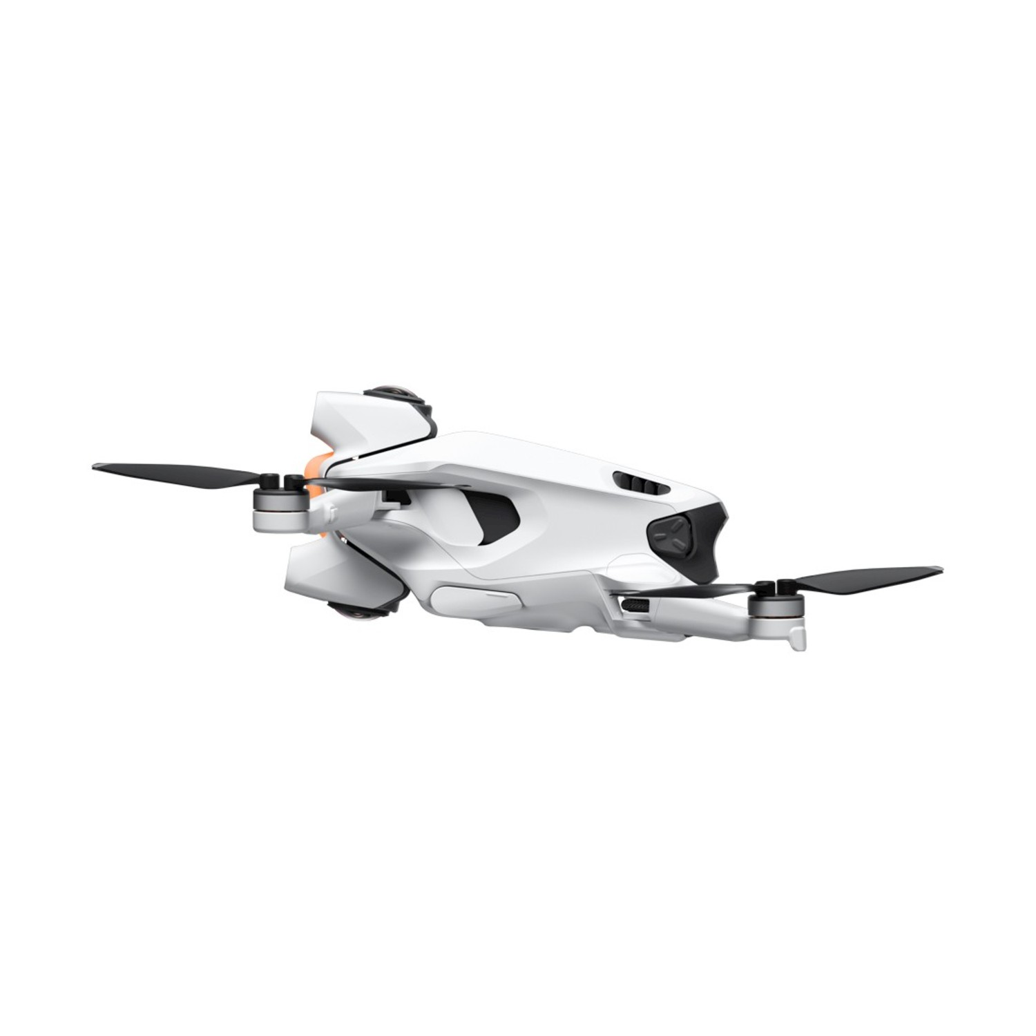 Un drone bianco con eliche nere è visto di lato su sfondo bianco. Il drone è in posizione di volo.