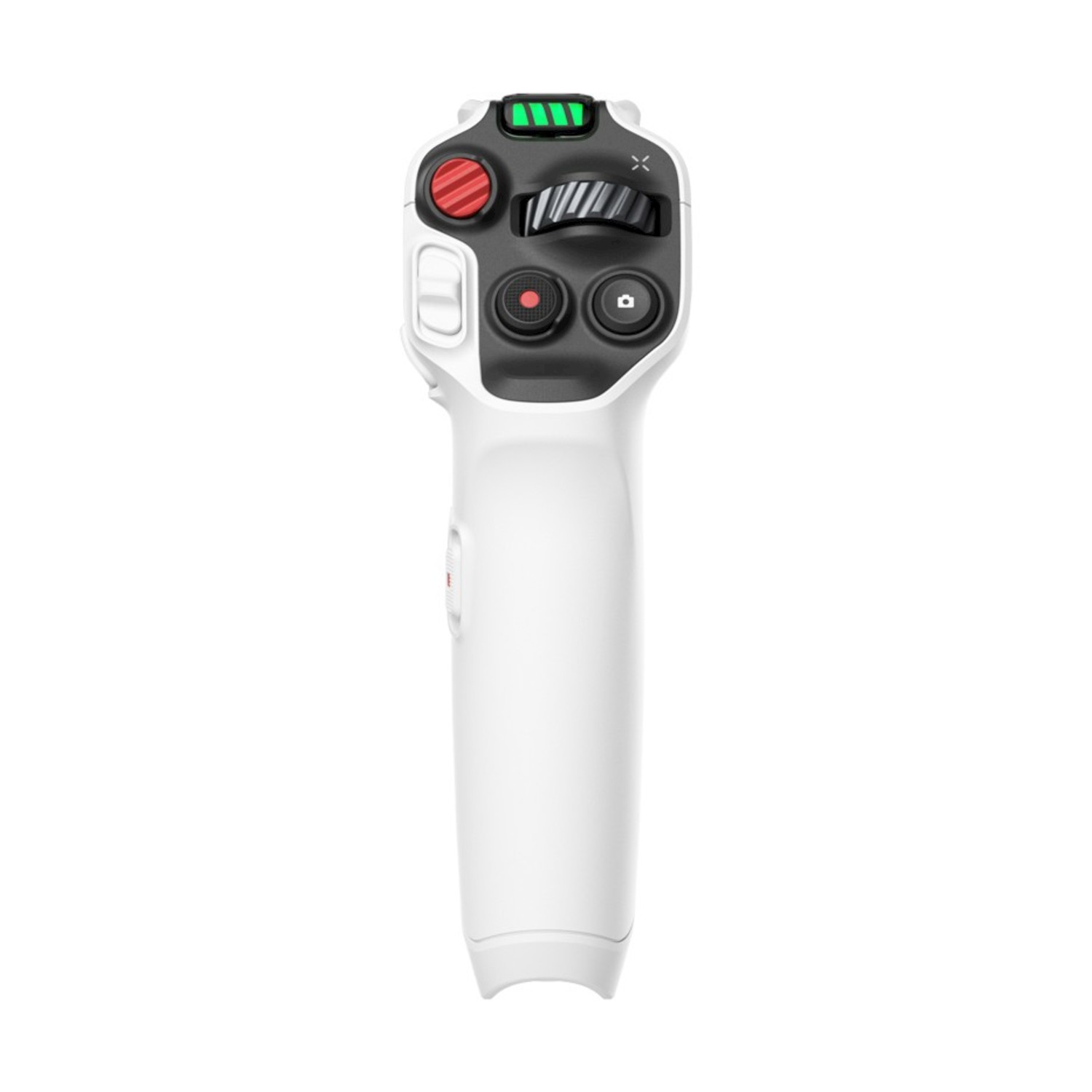 Un dispositivo portatile bianco con pulsanti, un joystick e un display che mostra il livello della batteria. Ha un pulsante rosso e un pannello di controllo nero.
