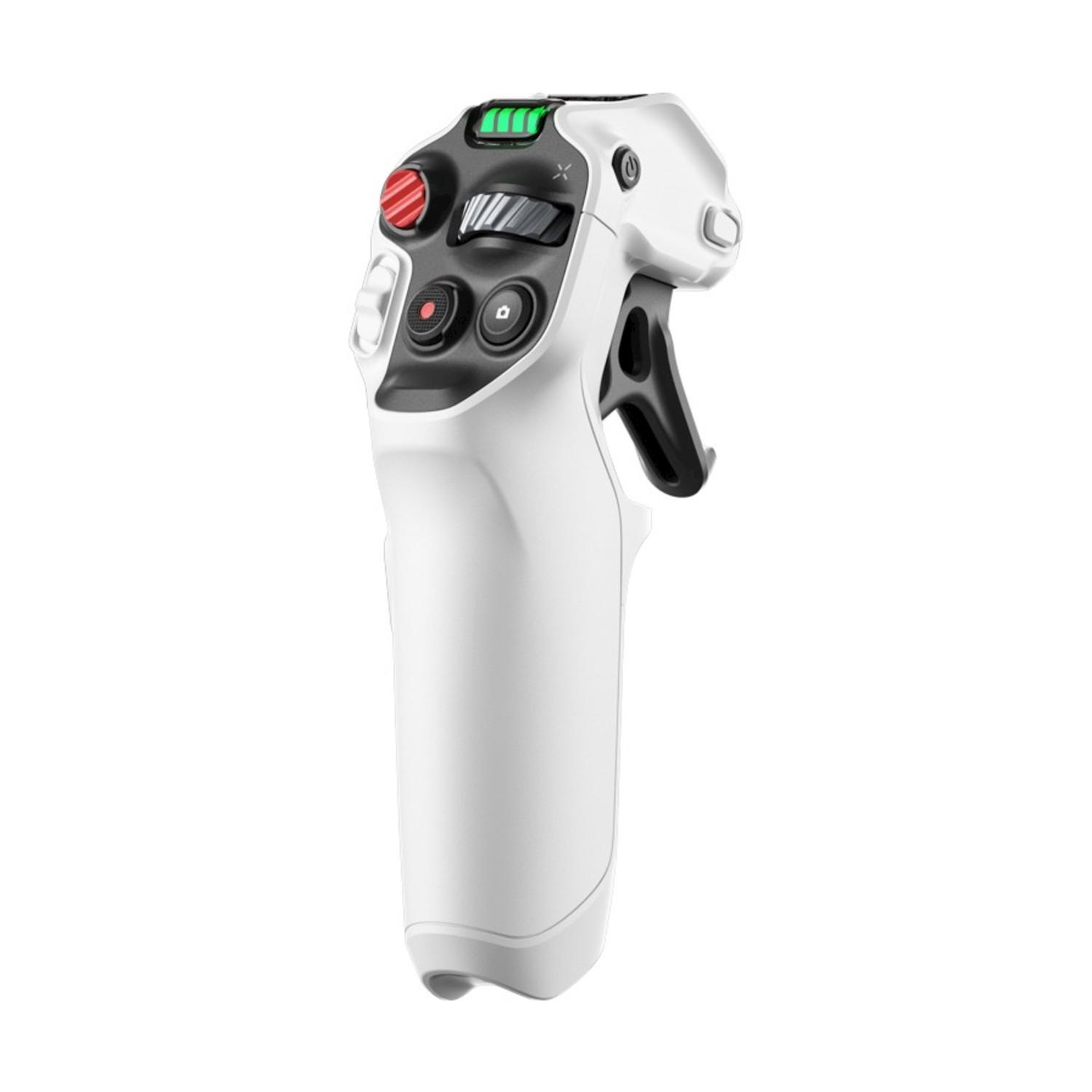 Dispositivo portatile bianco con grilletto e pulsanti neri. Presenta pulsanti rossi e neri e indicatore batteria verde.