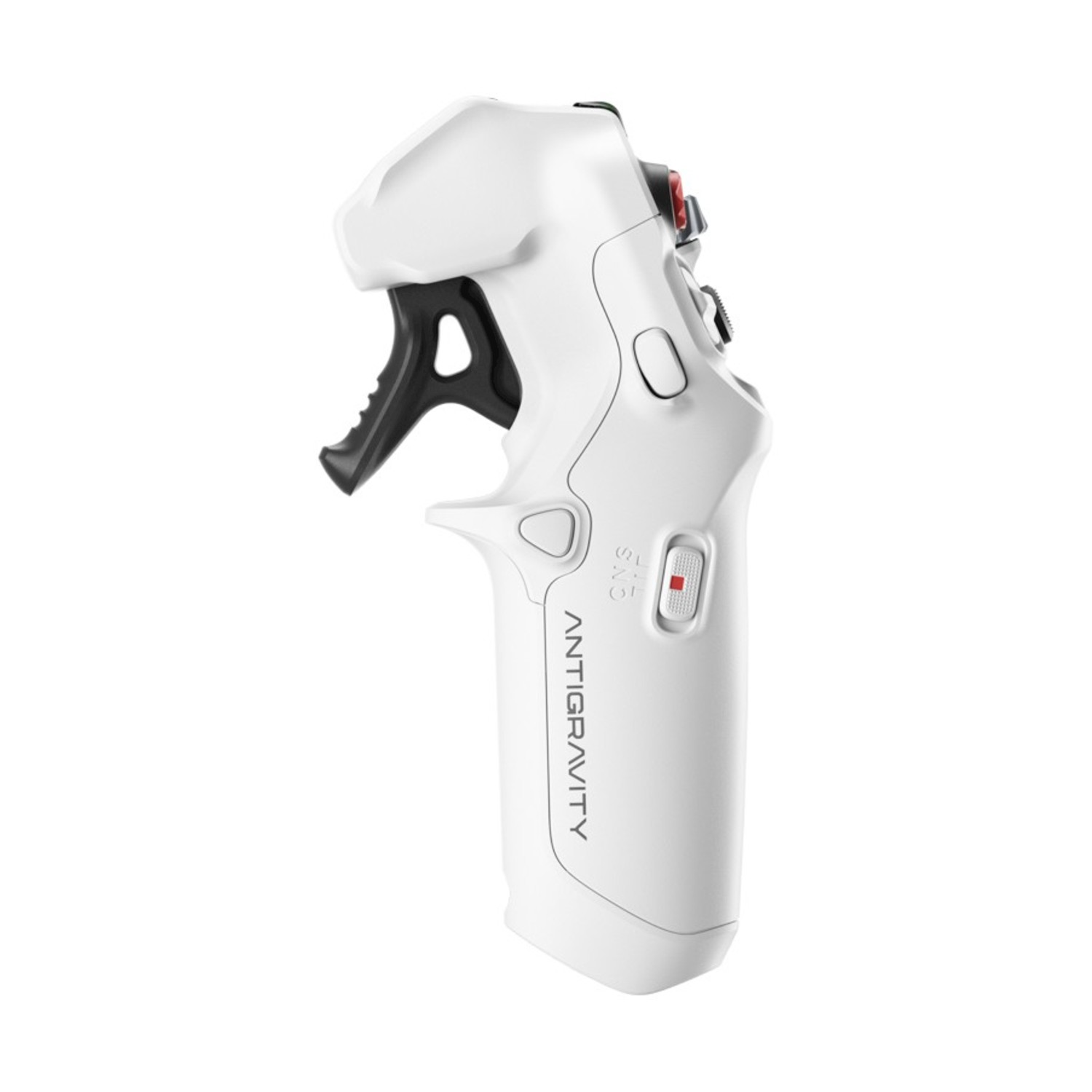 Un controller antigravitazionale bianco e nero su sfondo bianco. Ha un grilletto e diversi pulsanti.