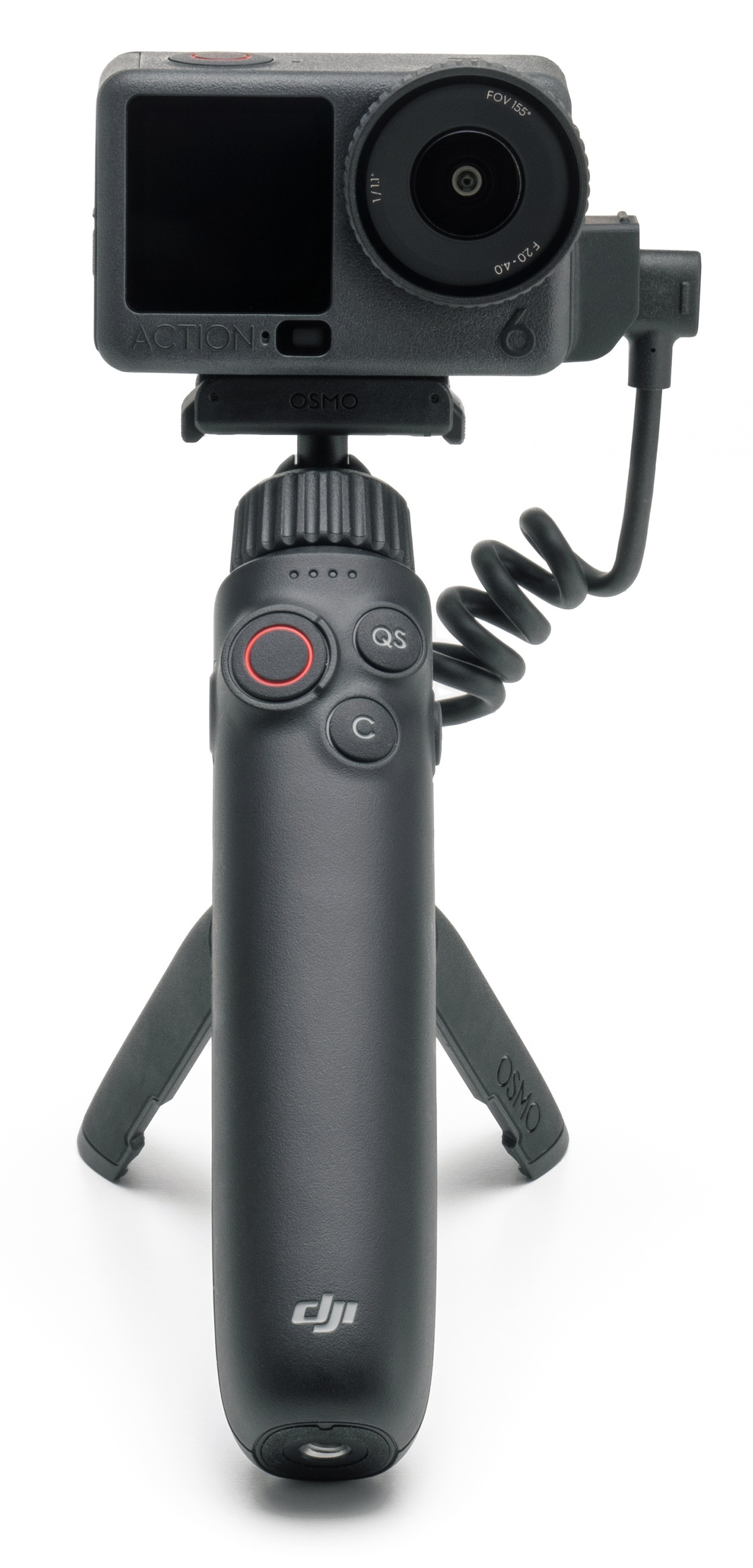 Czarna kamera sportowa na statywie. Posiada obiektyw i ekran. Statyw ma uchwyt z przyciskami i nogami.