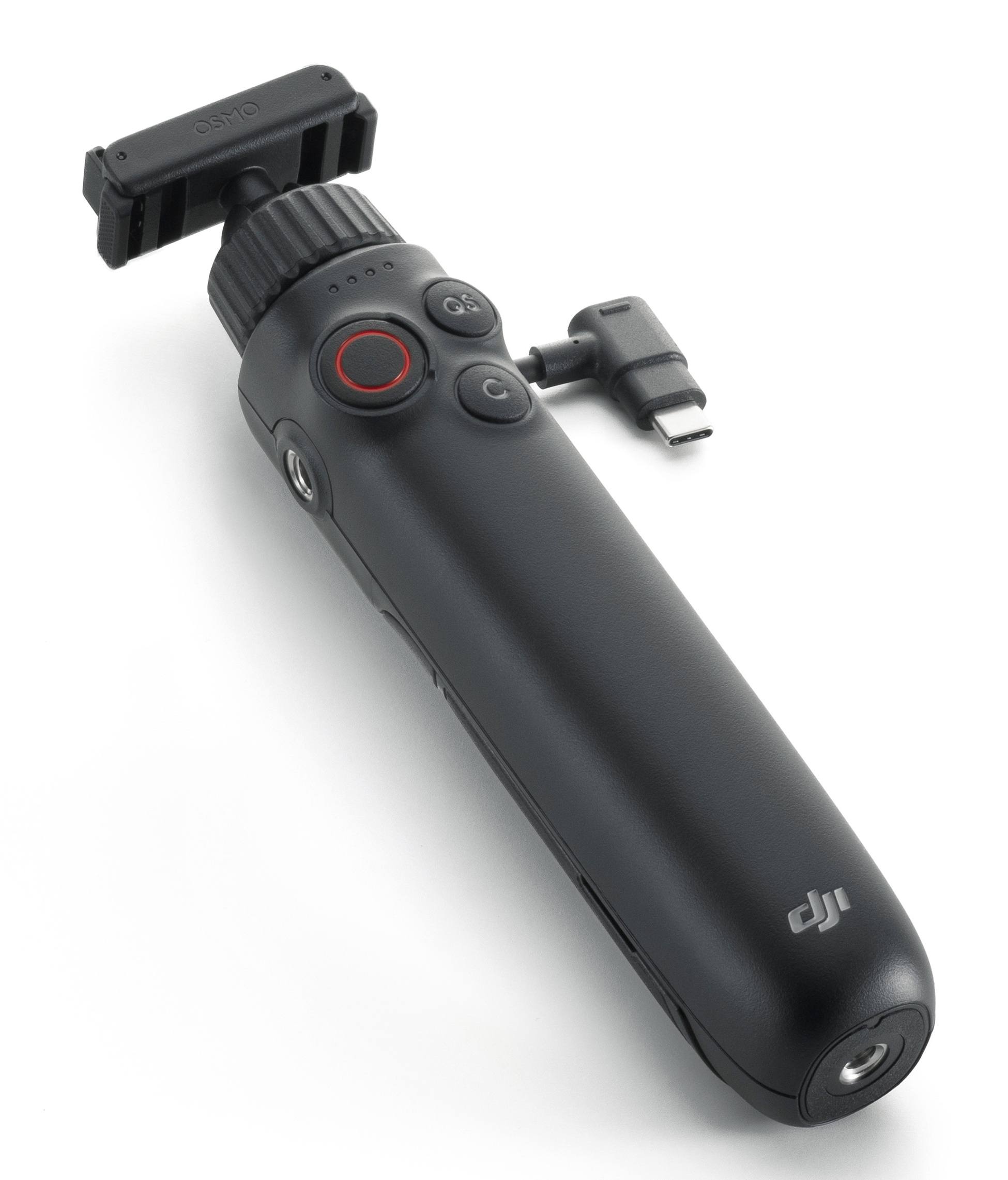 Czarne urządzenie mobilne Osmo. Posiada przyciski, czerwone kółko, port USB-C i uchwyt na telefon.