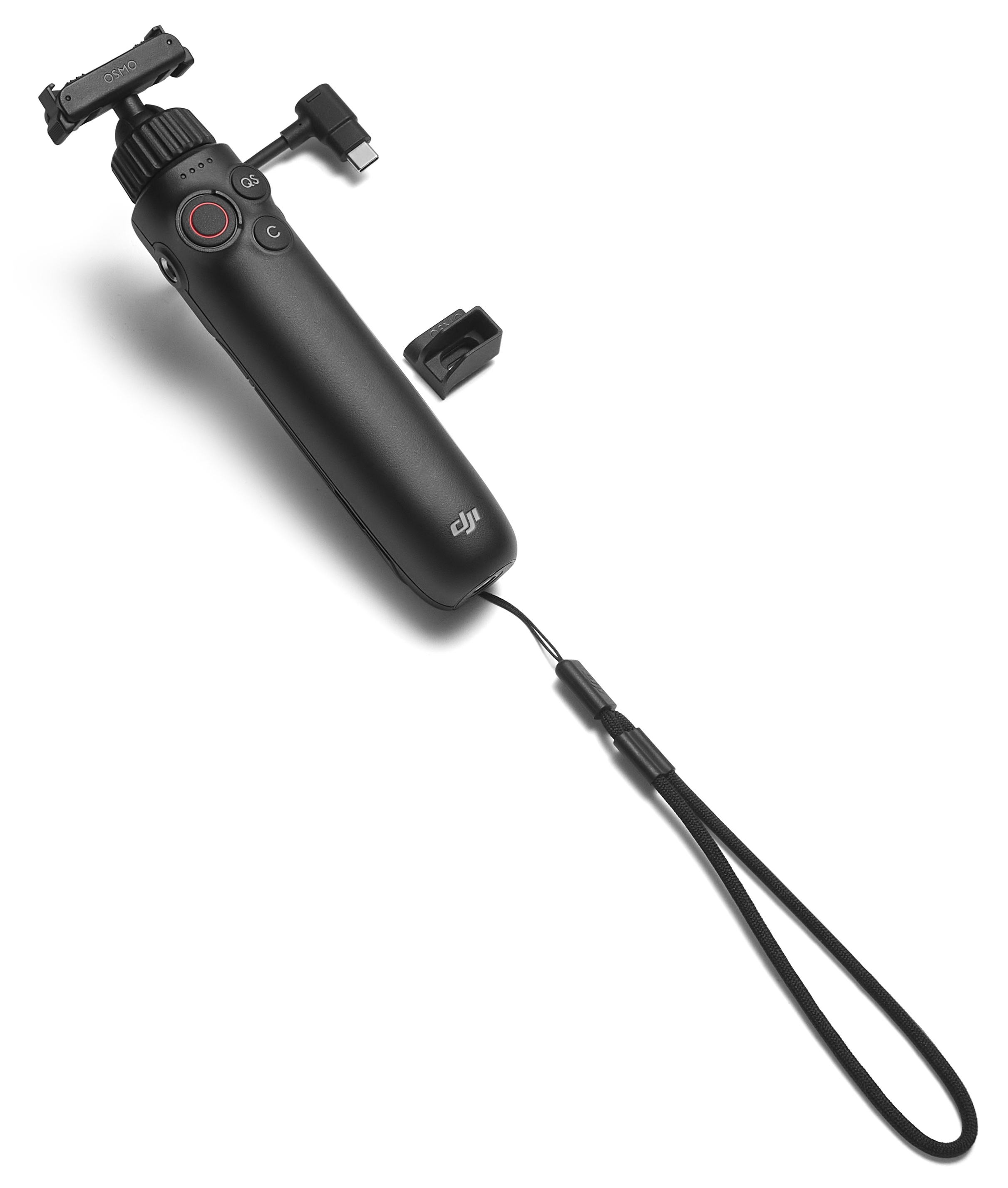 Czarny stabilizator ręczny z przyciskami, portem USB-C i paskiem na nadgarstek. Zawiera odłączany dodatek.