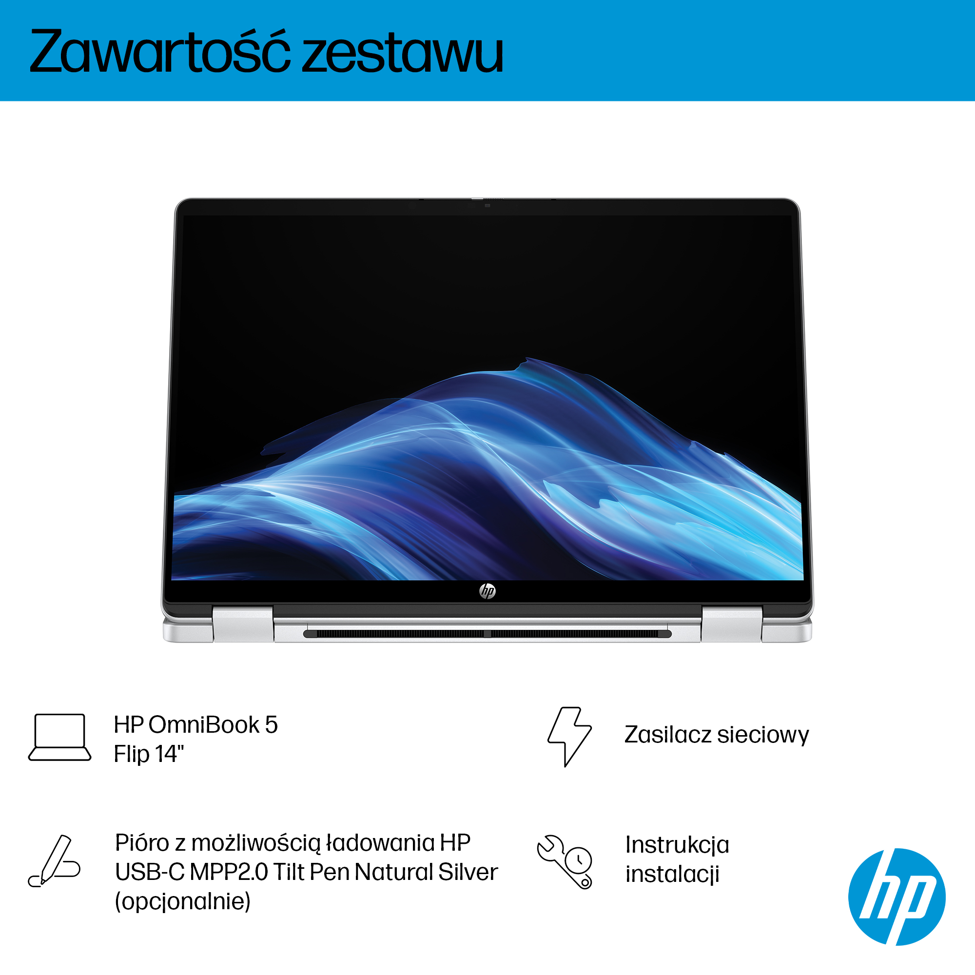 Obraz przedstawia laptop HP z akcesoriami, w tym zasilaczem, piórem i instrukcją instalacji. Ekran laptopa wyświetla niebieski wzór.