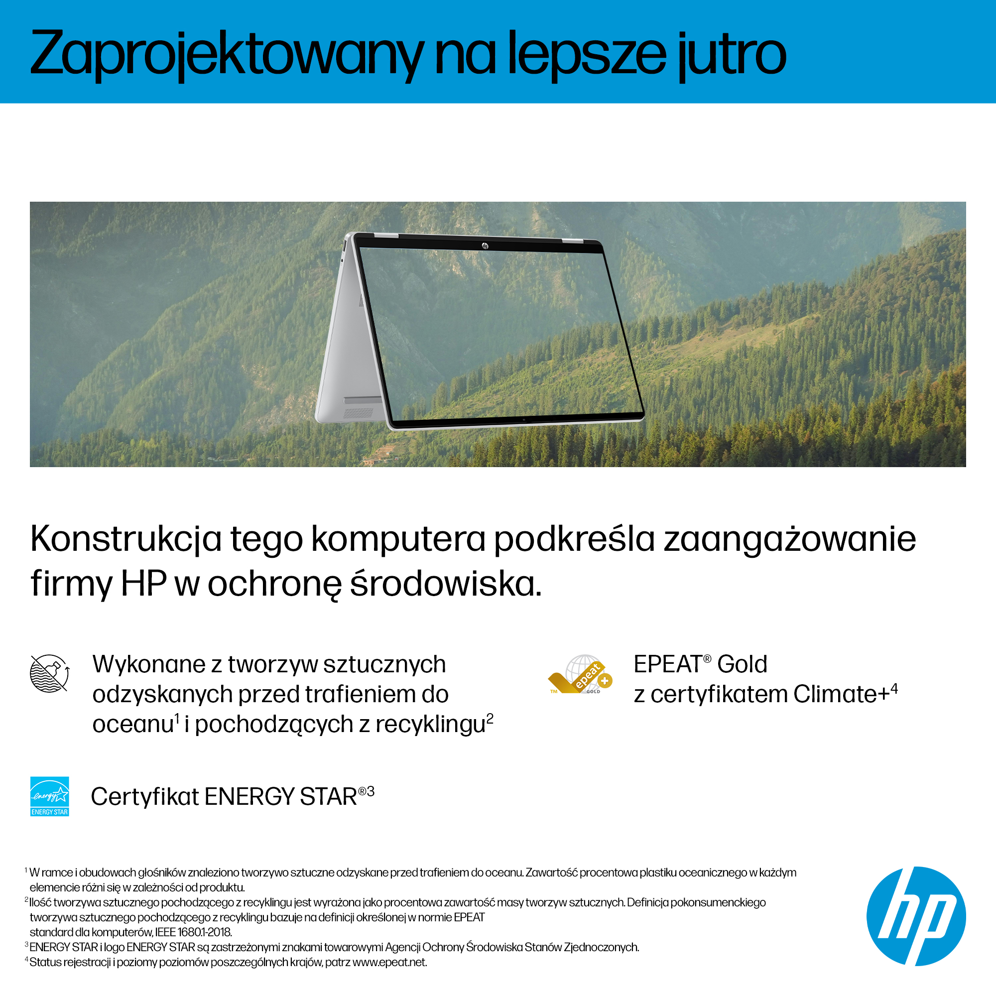 Laptop z górskim krajobrazem. Tekst: Zaangażowanie HP w ochronę środowiska. Loga EPEAT Gold i Energy Star.