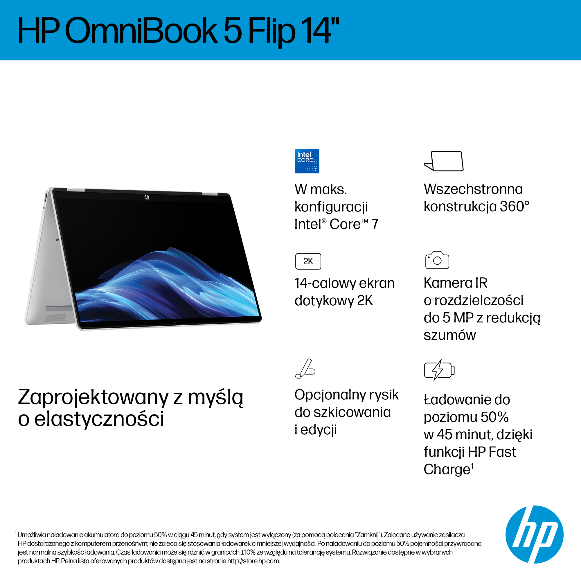 Laptop HP OmniBook 5 Flip 14. Cechy: konstrukcja 360 stopni, ekran dotykowy 2K, kamera IR. Szybkie ładowanie do 50% w 45 minut.