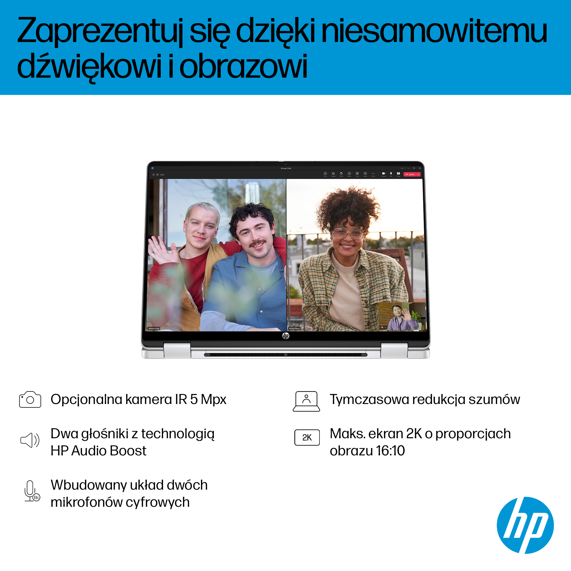 Ekran laptopa pokazujący rozmowę wideo z trzema osobami. Logo HP znajduje się w prawym dolnym rogu.