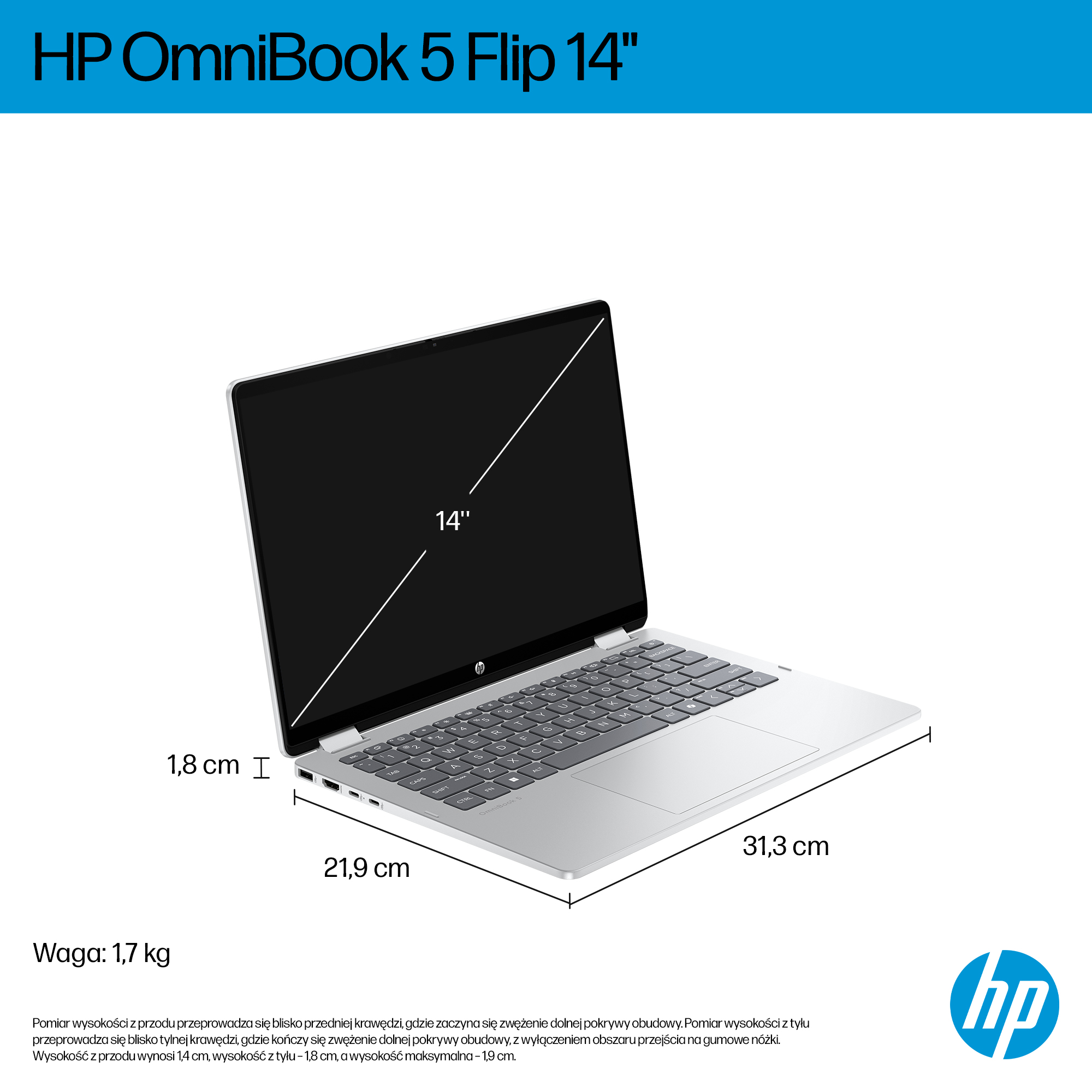 Srebrny laptop HP OmniBook, otwarty, aby wyświetlić klawiaturę i ekran. Wymiary i waga są pokazane. Widoczne logo HP.
