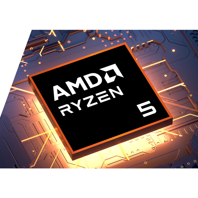 Procesor AMD Ryzen 5. Czarny kwadrat z białym tekstem na tle płytki drukowanej w odcieniach pomarańczu i błękitu.