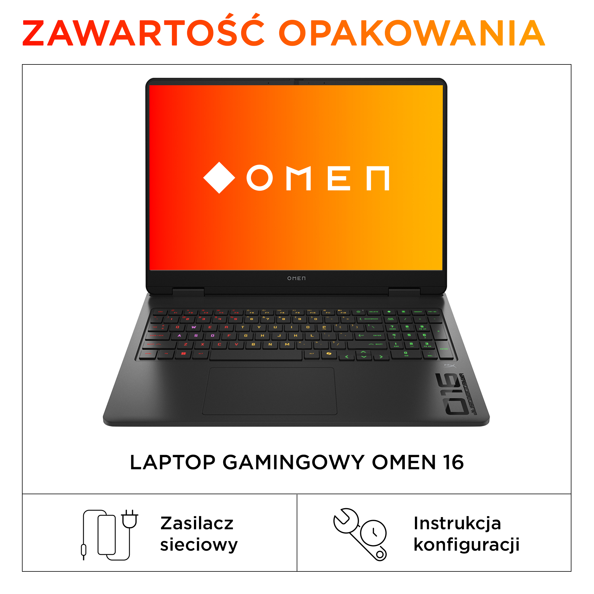 Czarny laptop do gier Omen 16. Ekran pokazuje logo OMEN. Poniżej znajdują się ikony ładowarki i instrukcji konfiguracji.