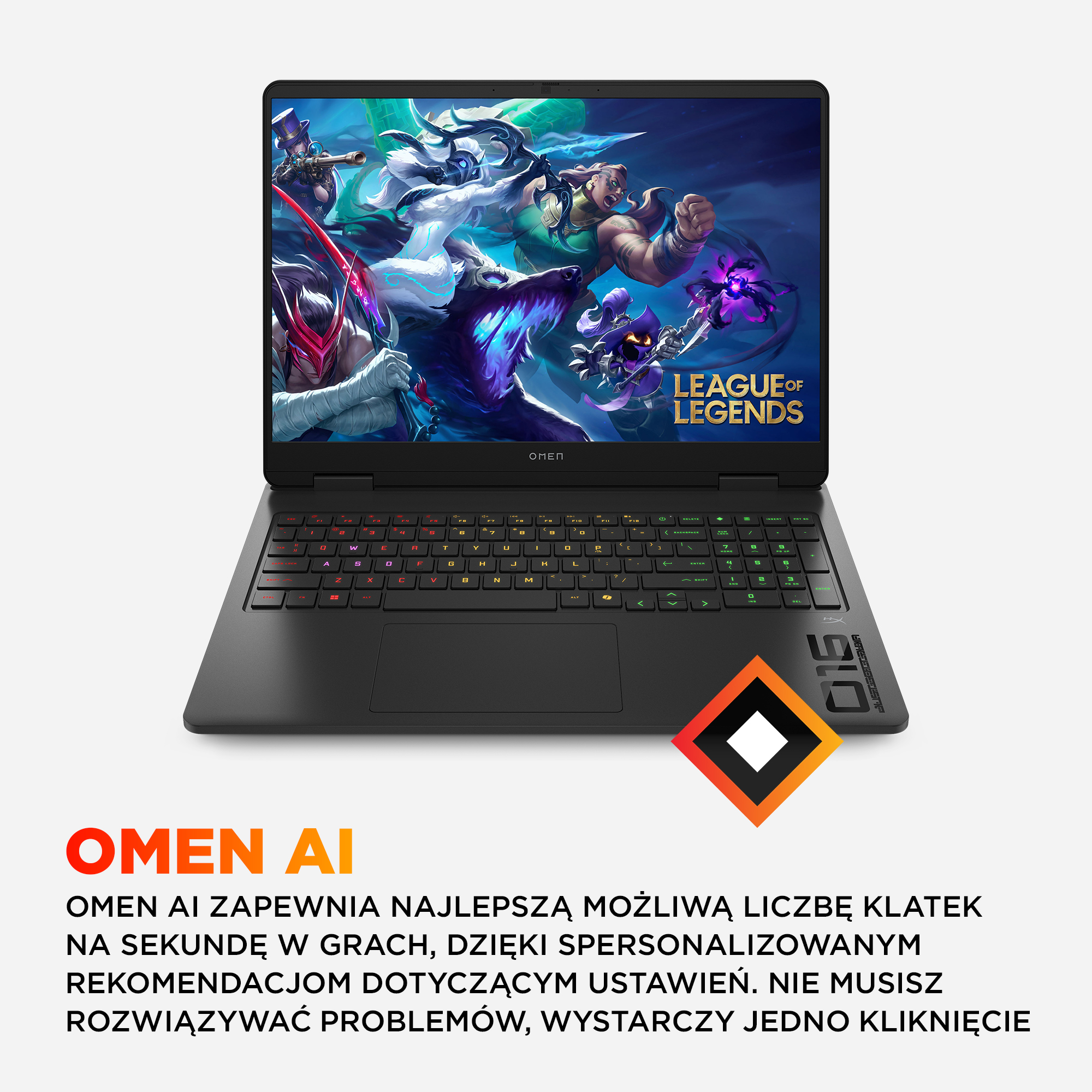Czarny laptop z grą na ekranie. Tekst "OMEN AI" jest poniżej. Klawiatura podświetlona na czerwono i zielono.
