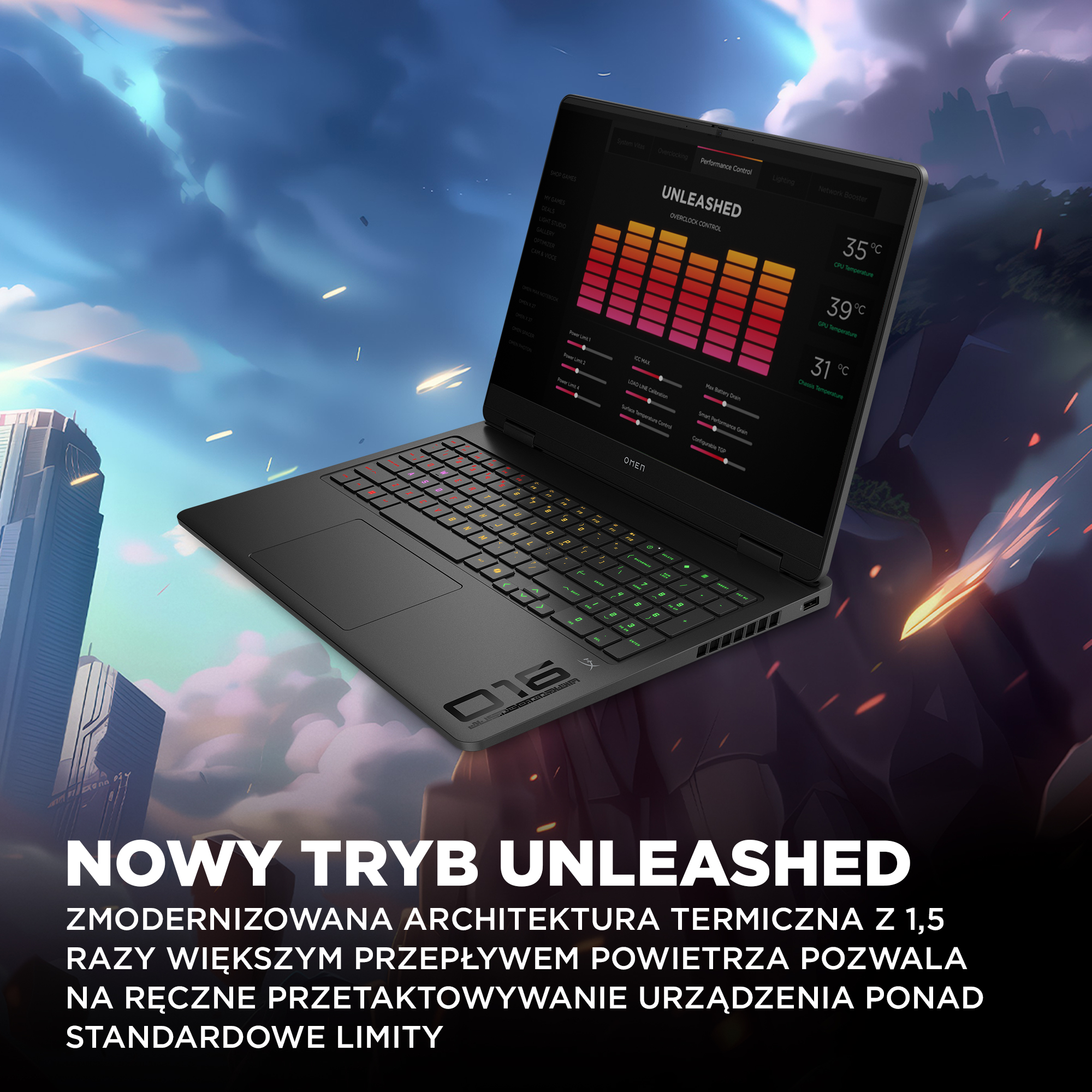 Czarny laptop wyświetla statystyki systemu. Tekst brzmi 'NOWY TRYB UNLEASHED'. Tło to abstrakcyjne, zachmurzone niebo.