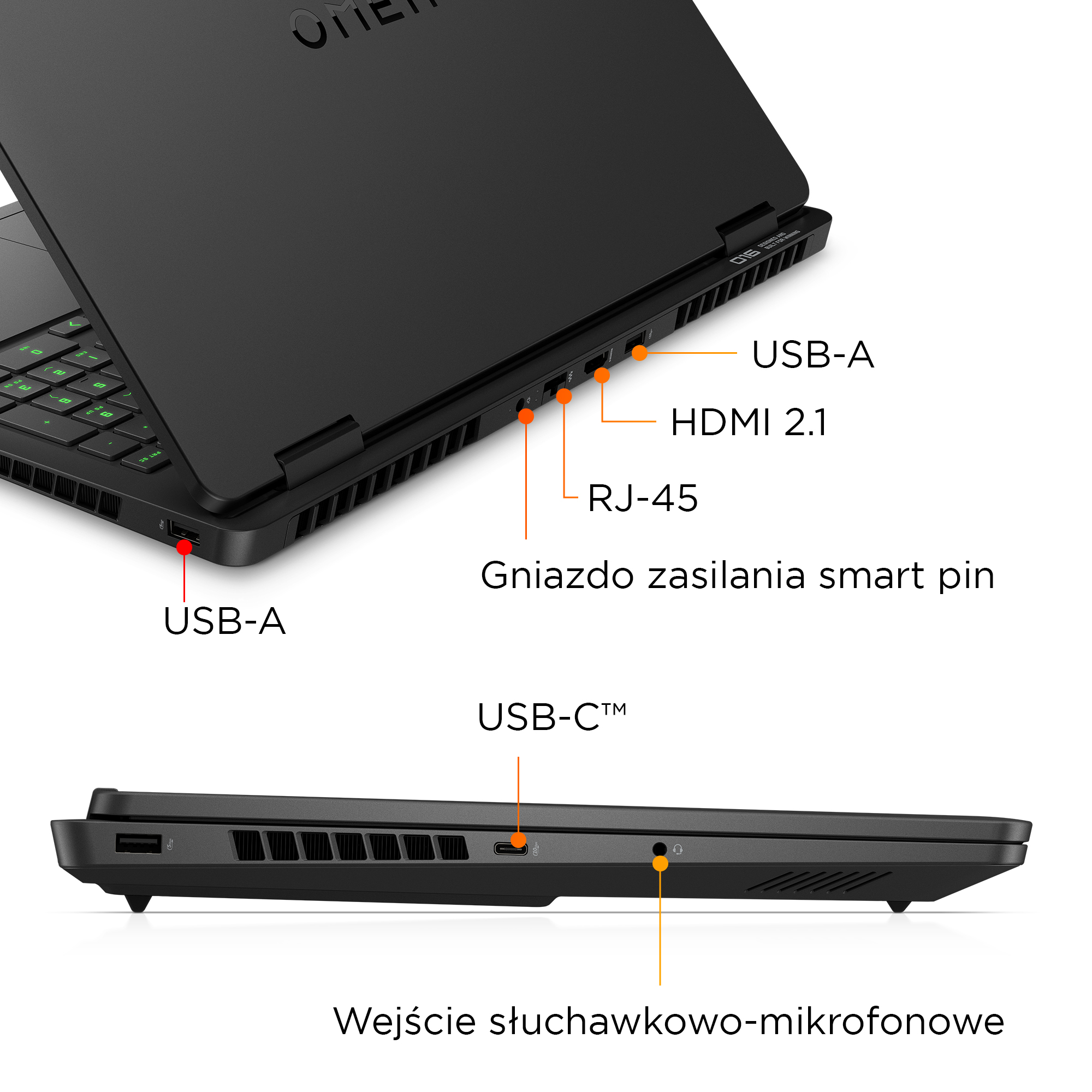 Czarny laptop, porty: USB-A, HDMI 2.1, RJ-45, USB-C i gniazdo słuchawkowe. Marka 'OMEN'.